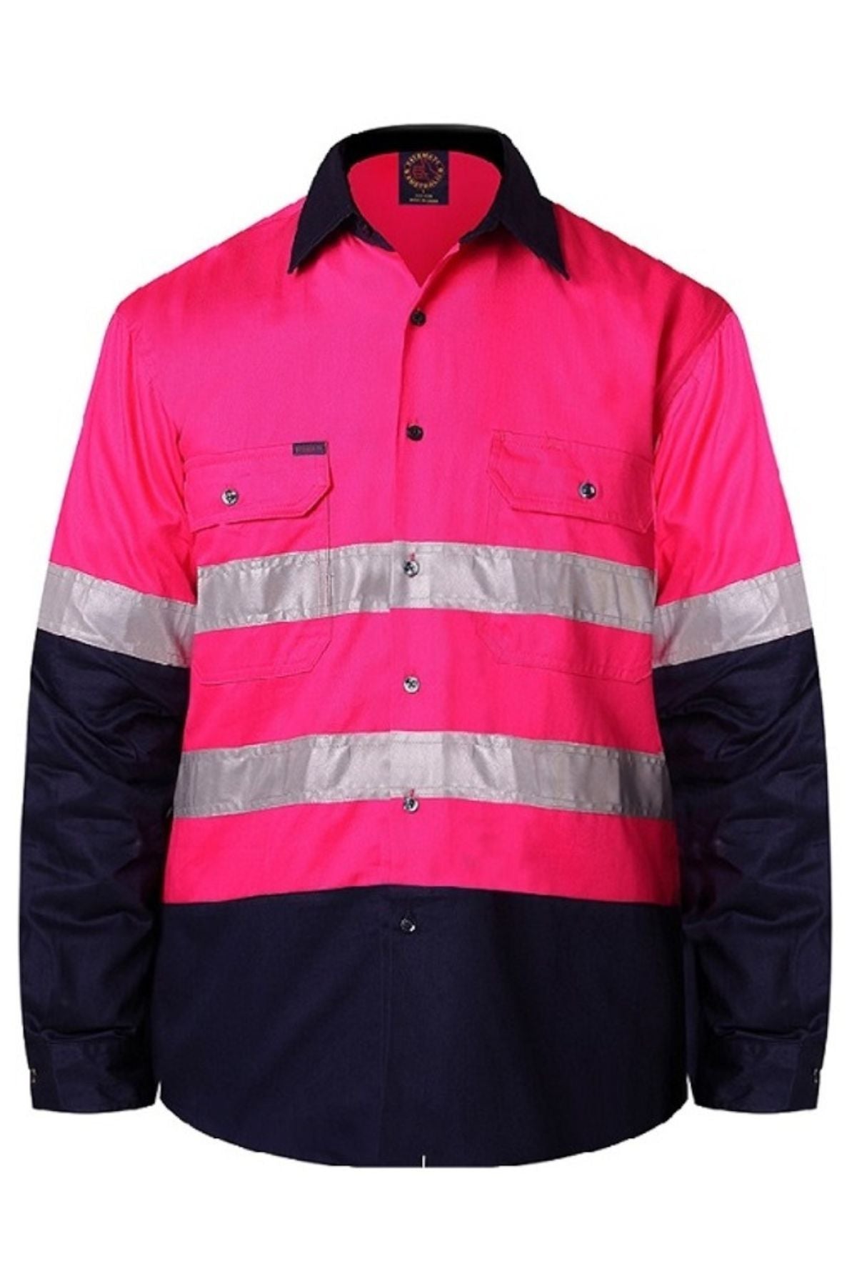 The Ritemate Hi Vis Open Front Long Sleeve 3M Tape Shirt has bright pink uppers, navy lower sleeves/bottom, 3M reflective stripes on chest and arms, UPF 50+ cotton fabric, and a classic front button closure.