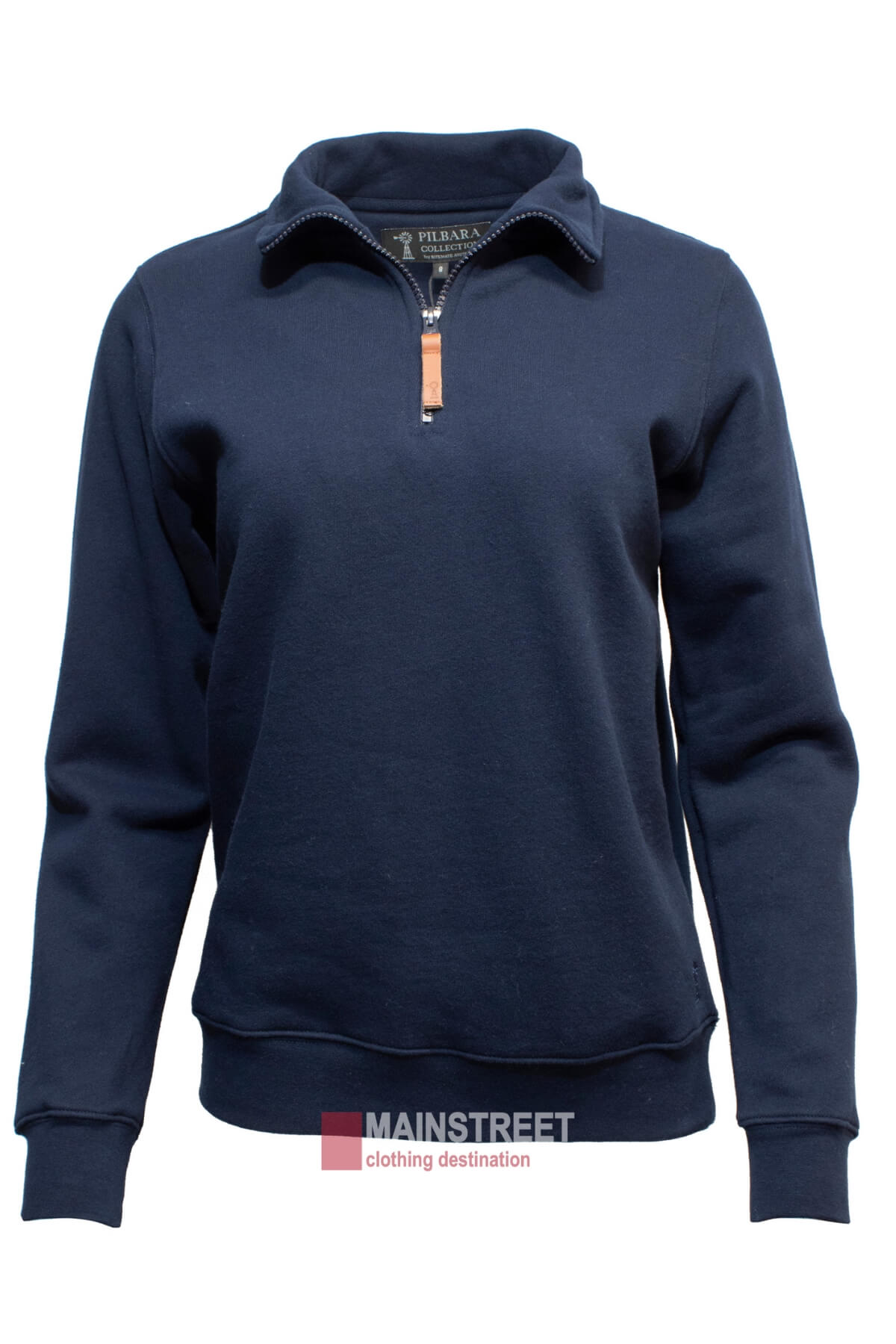 The Pilbara Ladies Classic Fleece Pullover is a navy blue, comfortable piece featuring a half zip front with a leather pull tab. It has a collar, ribbed cuffs, and a soft fleece lining for added warmth. The label "MAINSTREET clothing destination" is visible near the bottom hem.