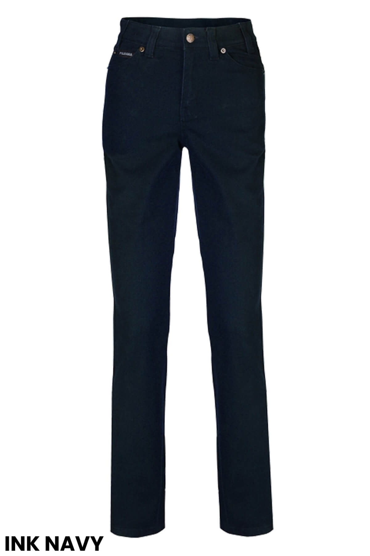 A pair of dark blue Ritemate Ladies Pilbara Cotton Stretch Jeans are displayed against a white background. They feature a classic straight-leg design with a button and zipper closure. Decorative stitching and pockets are visible, embodying both style and comfort. The text "INK NAVY" is at the bottom left corner.