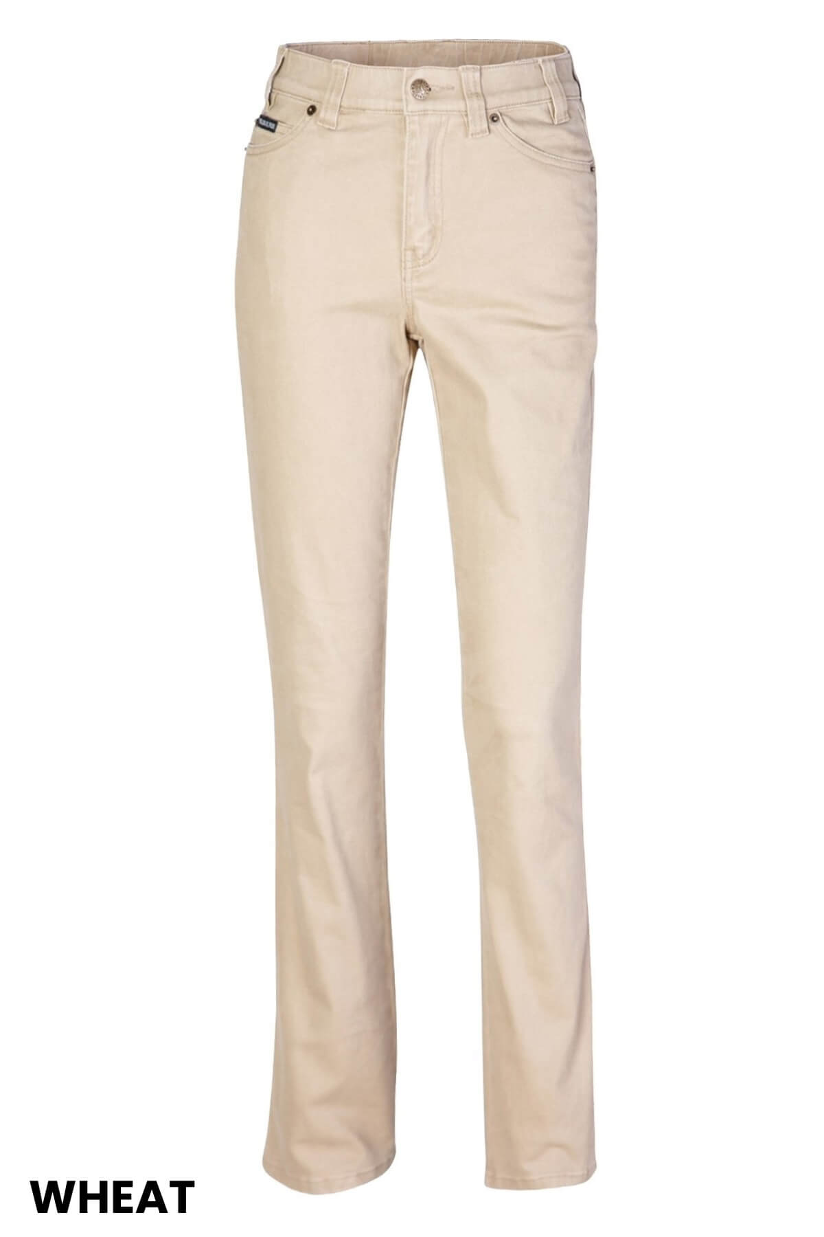 A pair of Ritemate Ladies Pilbara Cotton Stretch Jeans in wheat color is displayed. These jeans feature a straight leg cut, front pockets, and a button-zip fly closure. They are simple in design with minimal stitching detail visible. "WHEAT" is printed in bold black letters on the bottom left corner, making these fashionable jeans stand out.