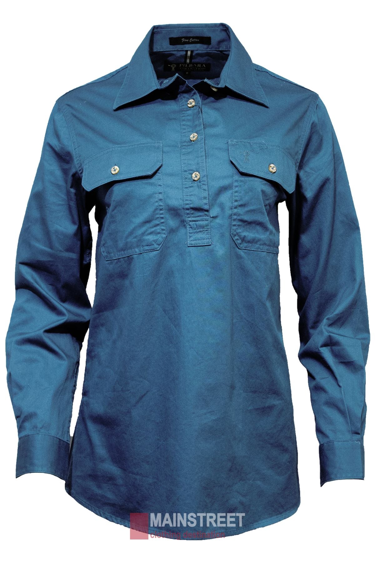 The Pilbara Ladies Long Sleeve Closed Front Shirt features UPF 50+ cotton, two chest pockets, silver buttons, and a pointed collar in blue, shown on a plain white background.