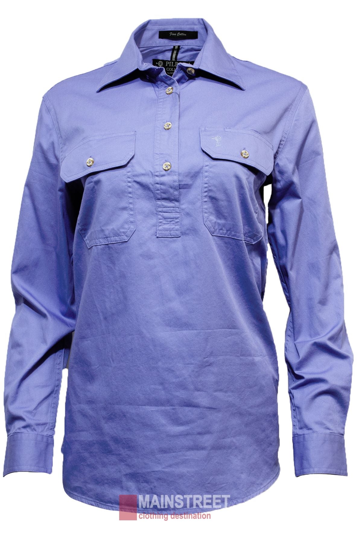 Introducing the Pilbara Ladies Long Sleeve Closed Front Shirt: a women's work shirt in light blue with a collar, long sleeves, and two chest pockets. Made from 100% cotton, it provides UPF 50+ protection. Displayed on a white background, this shirt is both practical and fashionable for work. .