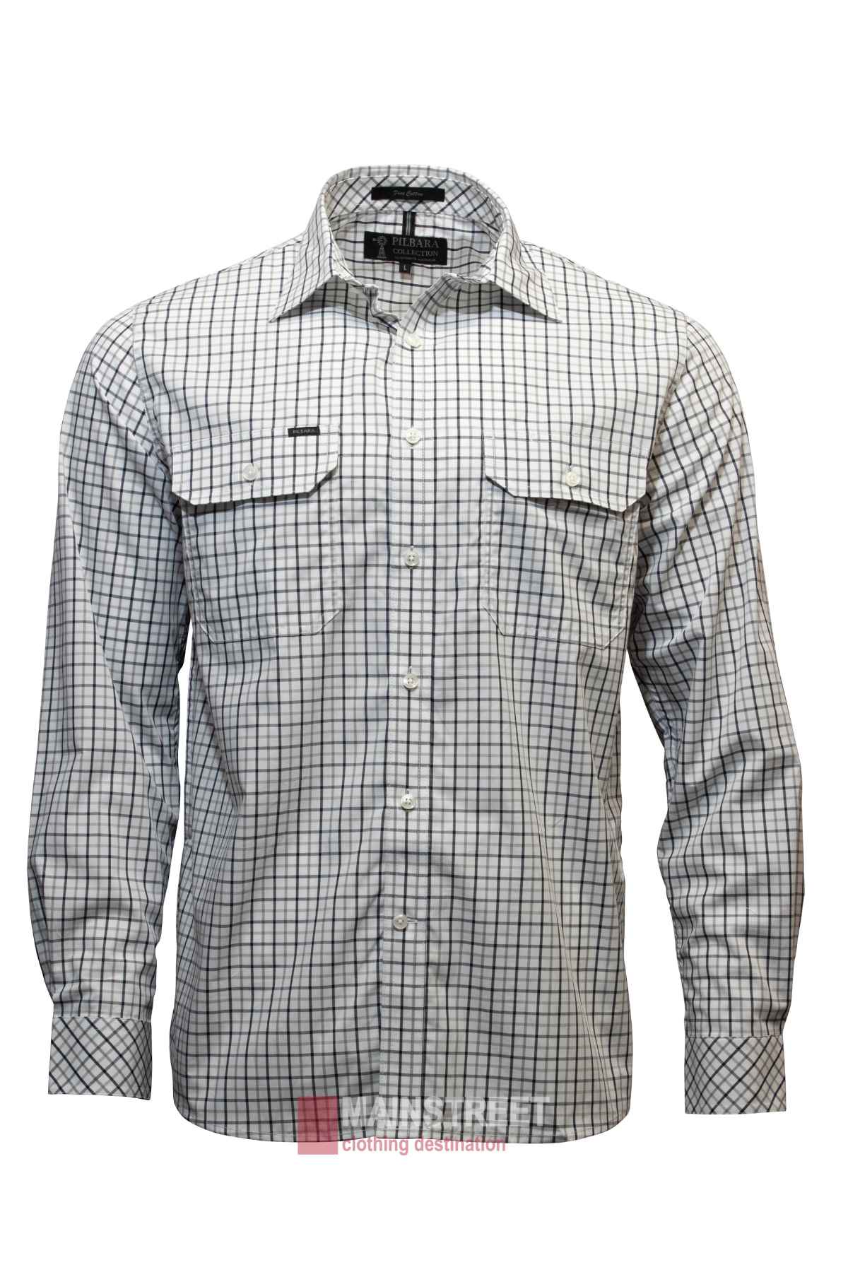 The Ritemate Pilbara Check Double Pocket Shirt is a white, long-sleeve, 100% cotton button-up featuring a black and gray grid pattern, double chest pockets with flaps, and a collar, shown on a plain white background.