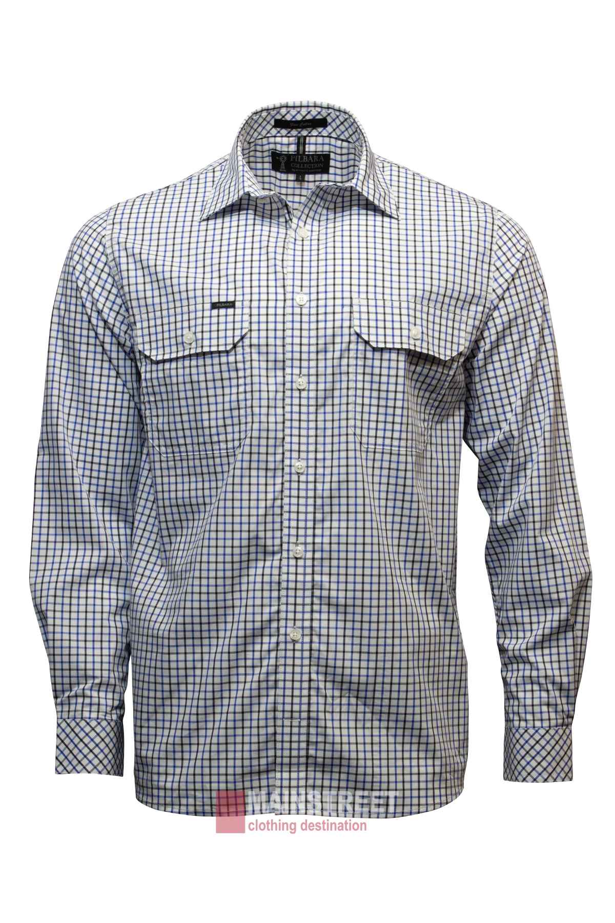 The Pilbara Check Double Pocket Shirt is a long-sleeved, button-up checkered shirt showcasing a blue and white pattern. Crafted from 100% cotton, it features two front chest pockets with buttoned flaps and a folded collar. This lightweight double pocket shirt is ideal for casual or semi-formal occasions.