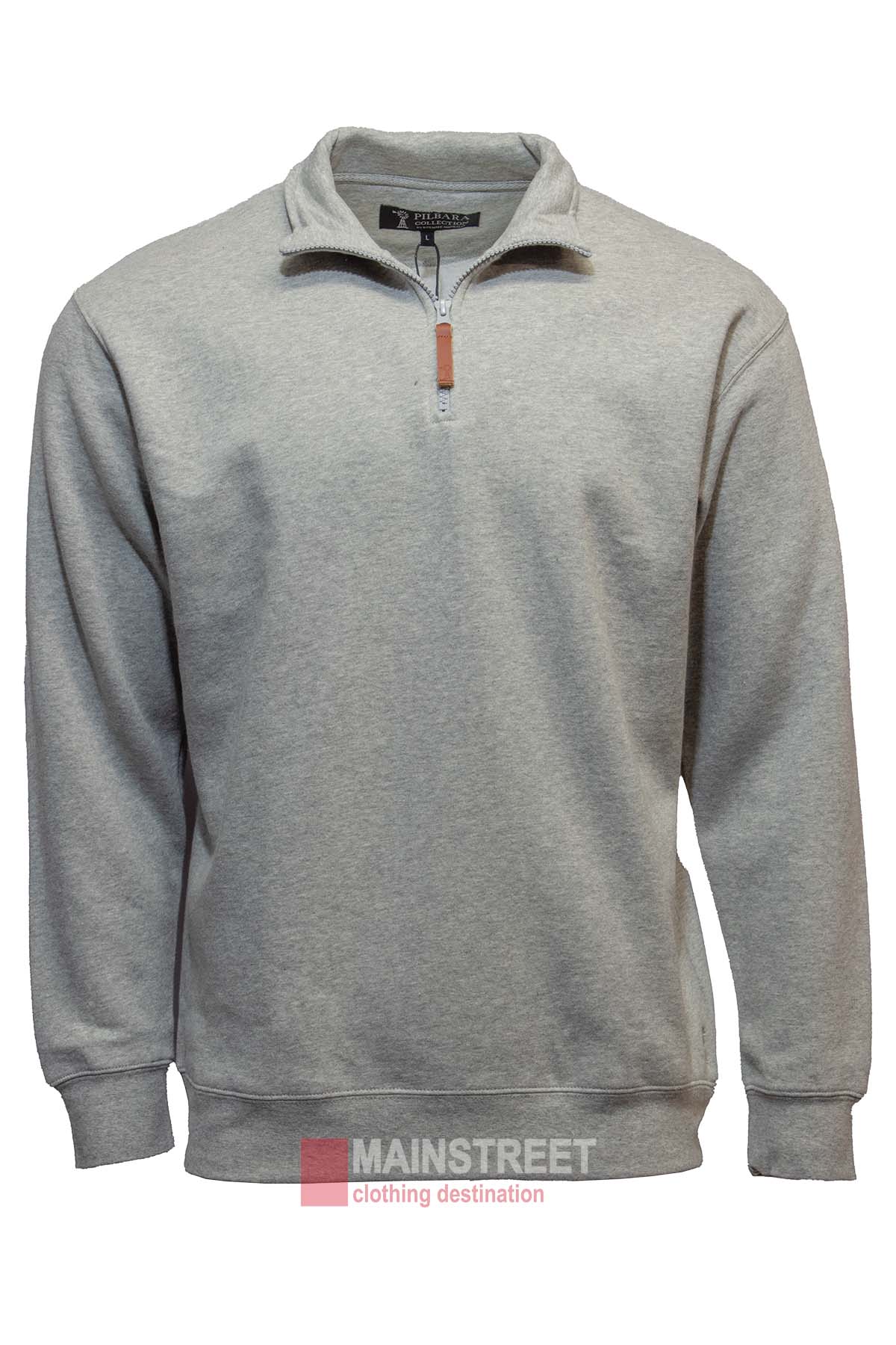 A light gray Pilbara Classic Fleece Pullover with long sleeves, a comfortable fit, and a quarter zip front featuring a leather zipper pull. The sweatshirt has a slightly loose profile and is lined with soft fleece. The background is adorned with a watermark displaying the text "MAINSTREET clothing destination.