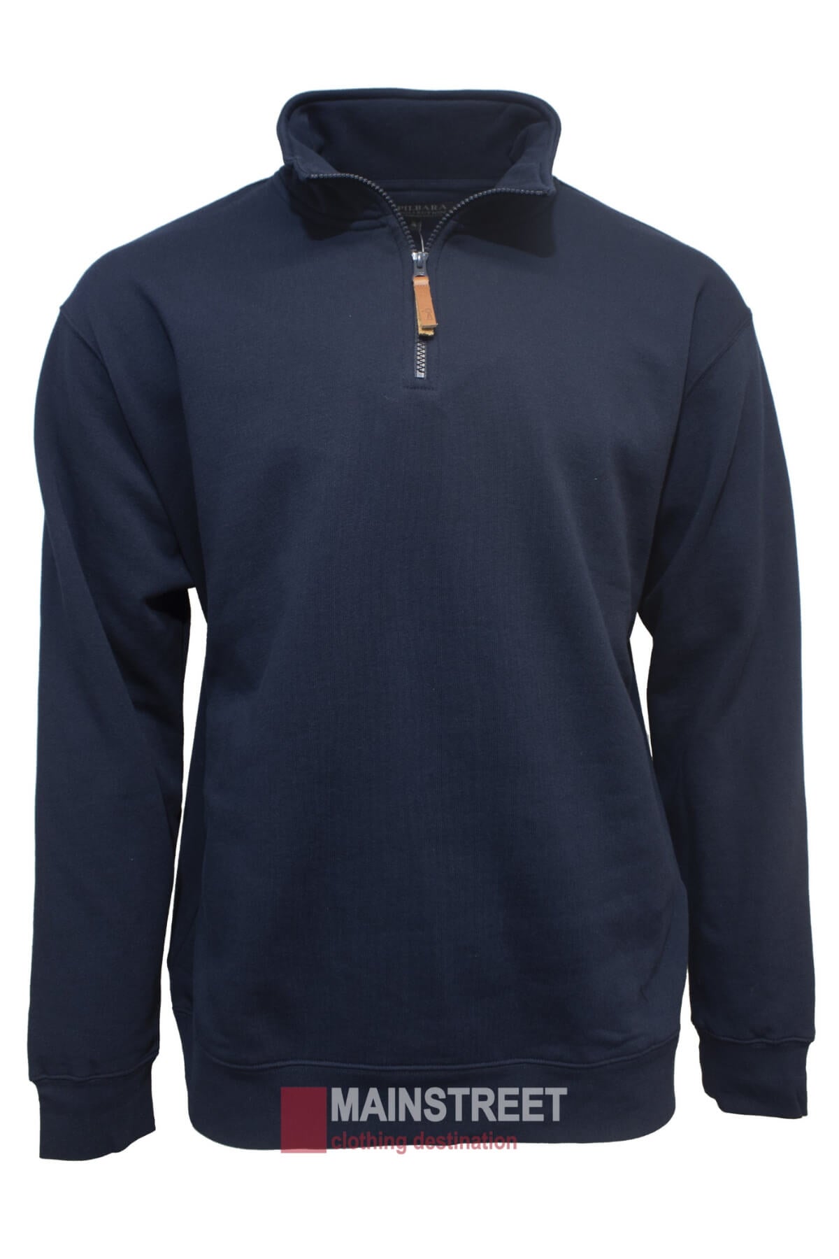 The Pilbara Classic Fleece Pullover is a dark blue quarter-zip sweatshirt featuring a stand-up collar and long sleeves, complete with a leather pull tab on the zipper. This comfortable pullover boasts a soft fleece lining, plain hem, and the "MAINSTREET" brand name at the bottom in red and white text.