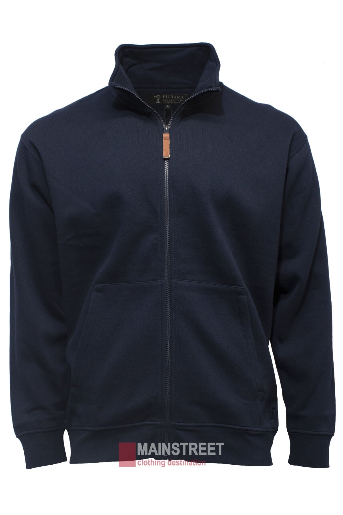The Ritemate Pilbara Classic Full Zip Fleece in navy blue features a stand-up collar, front pockets, and a leather pull tab on the zipper. Made from comfortable fleece material, it's perfect for everyday wear. The "Mainstreet" label is visible at the bottom of the image.