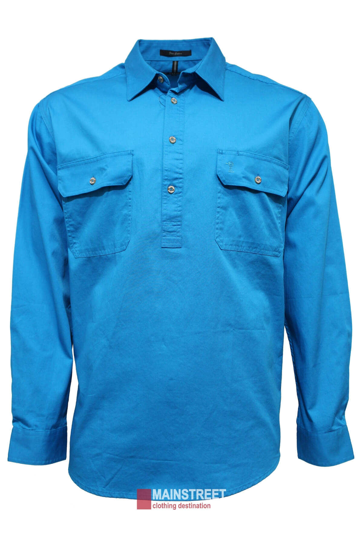 The Ritemate Pilbara Long Sleeve Closed Front Shirt is a vibrant blue men's work shirt featuring a collared neck, buttoned front placket, and two chest pockets with flap closures. Crafted from 100% cotton, it offers protection with a UPF rating of 50+. This shirt is showcased on a plain white background with the "Mainstreet" logo positioned at the bottom center.
