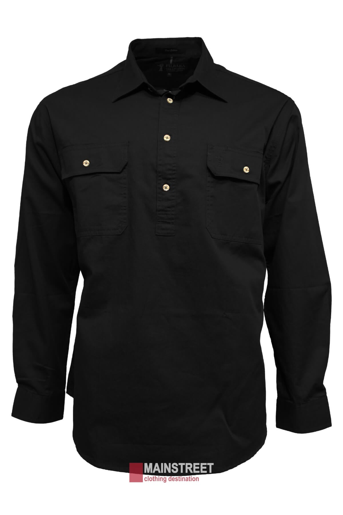The Ritemate Pilbara Long Sleeve Closed Front Shirt is a black long-sleeve button-down men's work shirt featuring two front chest pockets, each secured with a button. The shirt has gold-colored buttons, a pointed collar, and offers UPF 50+ protection. Made from 100% cotton, the label at the bottom reads "MAINSTREET clothing destination.