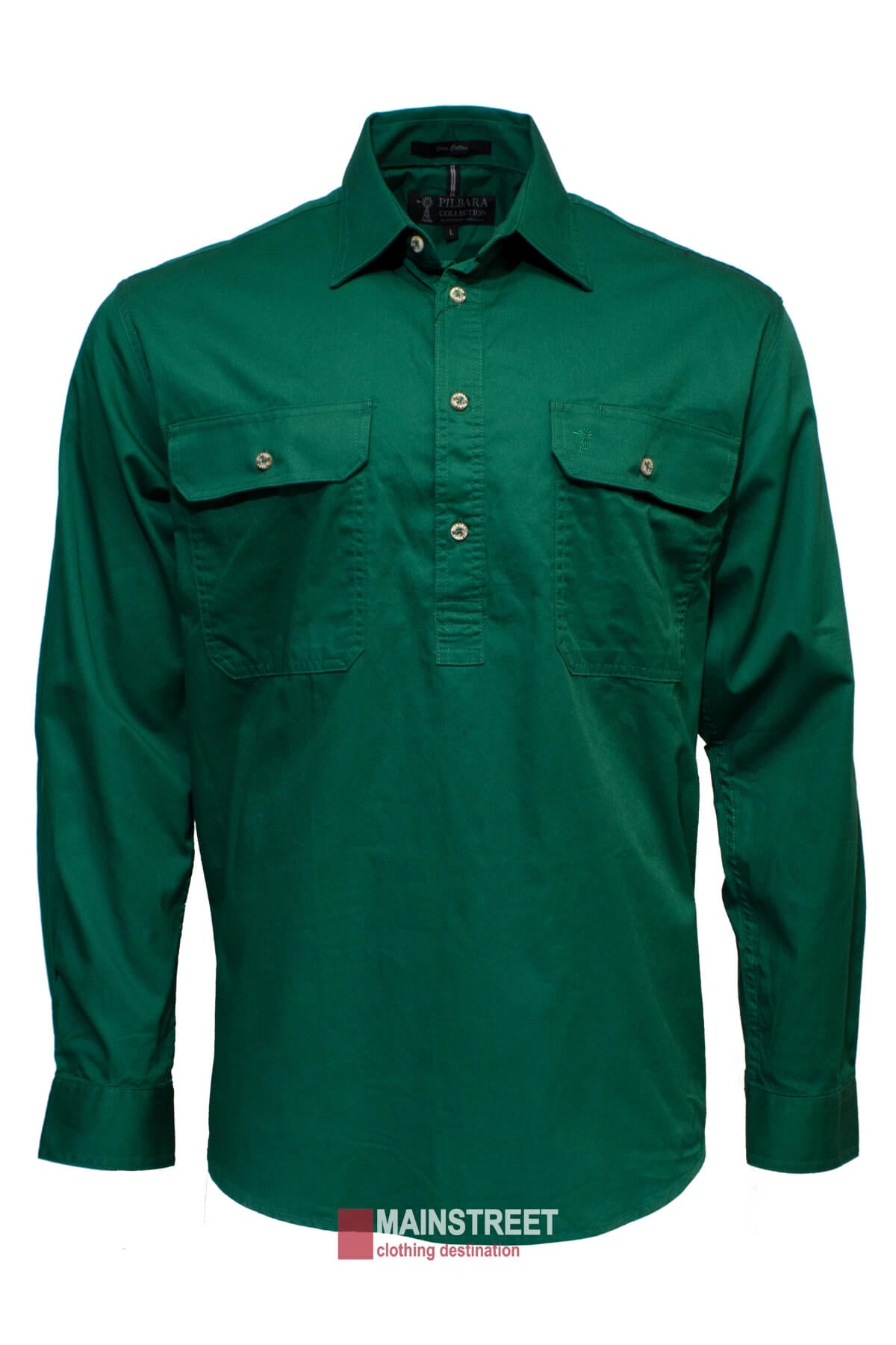 The Ritemate Pilbara Long Sleeve Closed Front Shirt, a green, long-sleeved men's work shirt with two chest pockets, is displayed against a white background. This comfortable shirt features buttoned cuffs and an impressive UPF rating of 50+. Text at the bottom reads "MAINSTREET clothing destination.