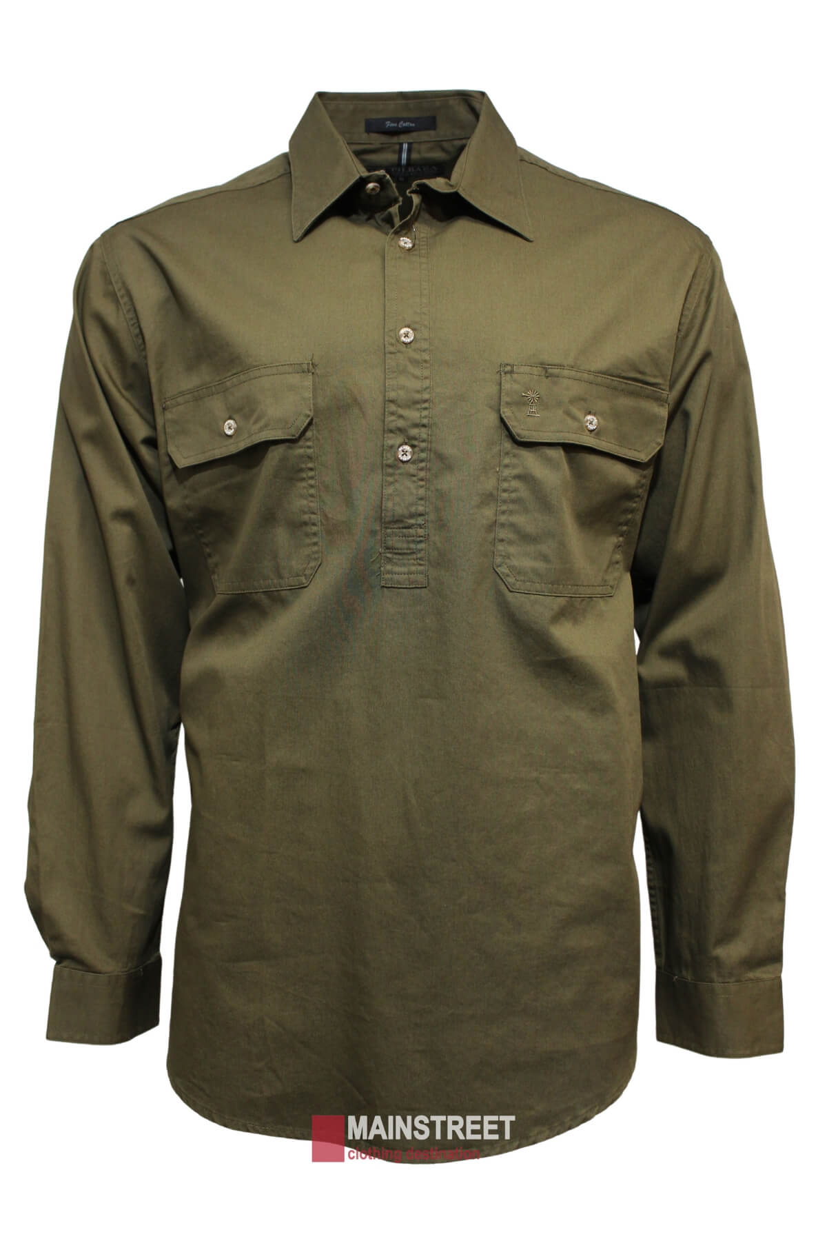 The Ritemate Pilbara Long Sleeve Closed Front Shirt for men features an olive green color with long sleeves and a button-up design. It includes two chest pockets, each with a button closure, and is made of 100% cotton. The shirt boasts a collar and button detailing down the upper middle section, along with an impressive UPF rating of 50+. The "MAINSTREET" brand label is displayed at the bottom of the image.