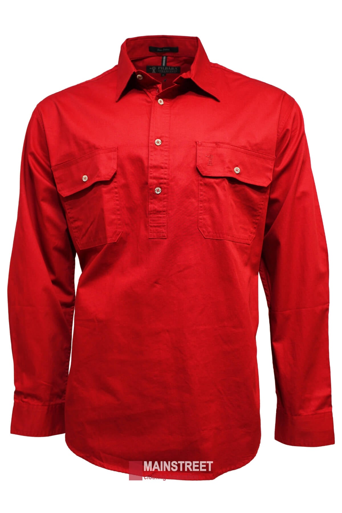 The Ritemate Pilbara Long Sleeve Closed Front Shirt is a comfortable red, long-sleeved button-up men's work shirt with a collar. It features two buttoned chest pockets and a partial button front placket. With an impressive UPF 50+ rating, it ensures excellent sun protection. The "MAINSTREET" logo is visible at the bottom of the image.