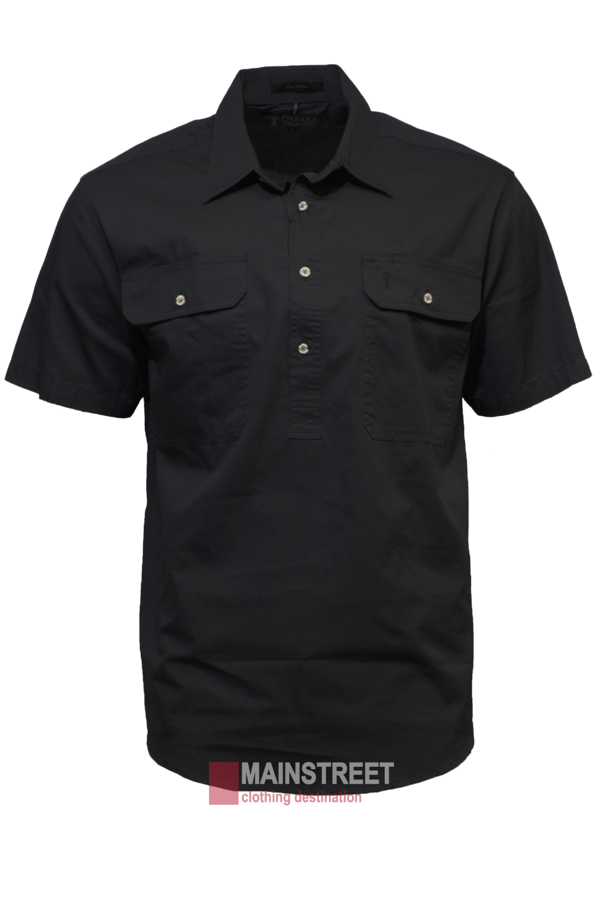 The Pilbara Short Sleeve Closed Front men's work shirt is black, 100% cotton, with two chest pockets and silver buttons, shown on a plain white background. The "MAINSTREET clothing destination" logo is at the bottom.