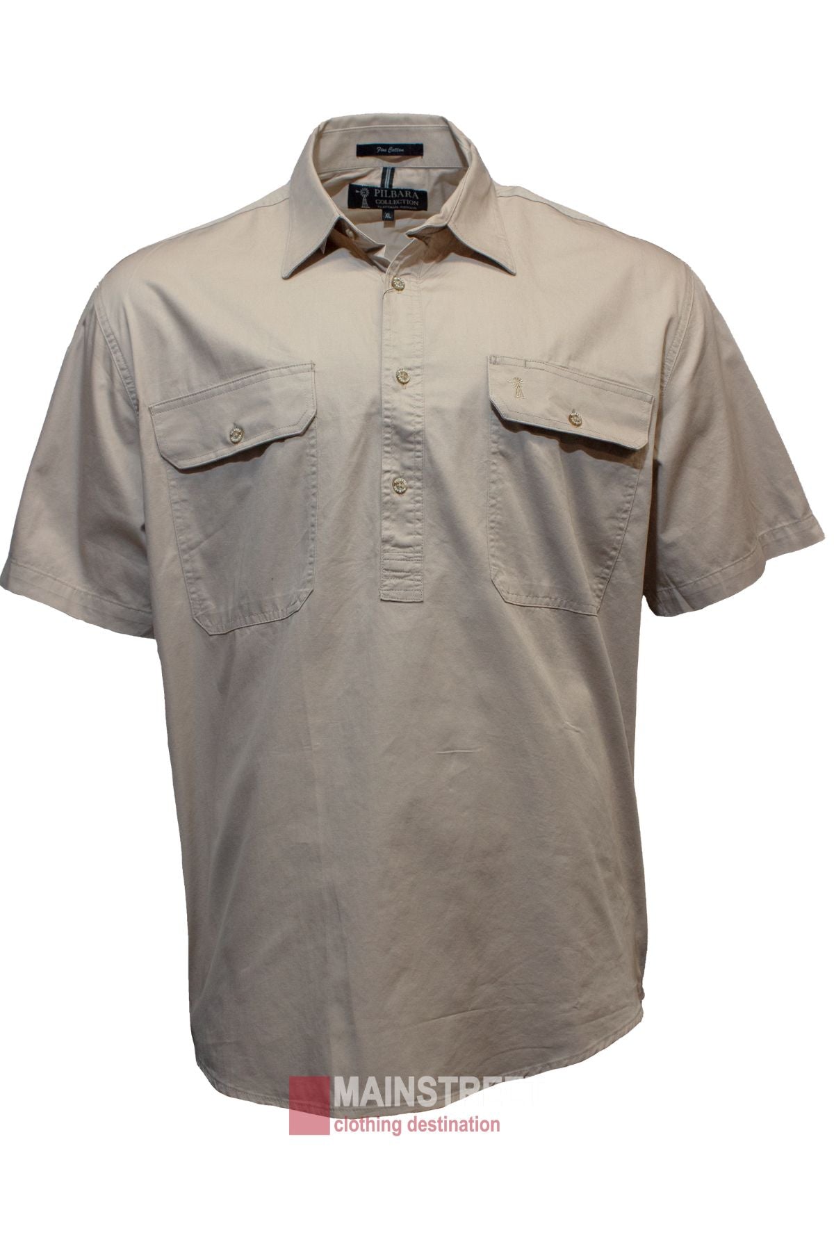 The Pilbara Short Sleeve Closed Front is a beige men’s work shirt made from 100% cotton, with short sleeves, a button-up front, collar, and two chest pockets, shown on a white background.