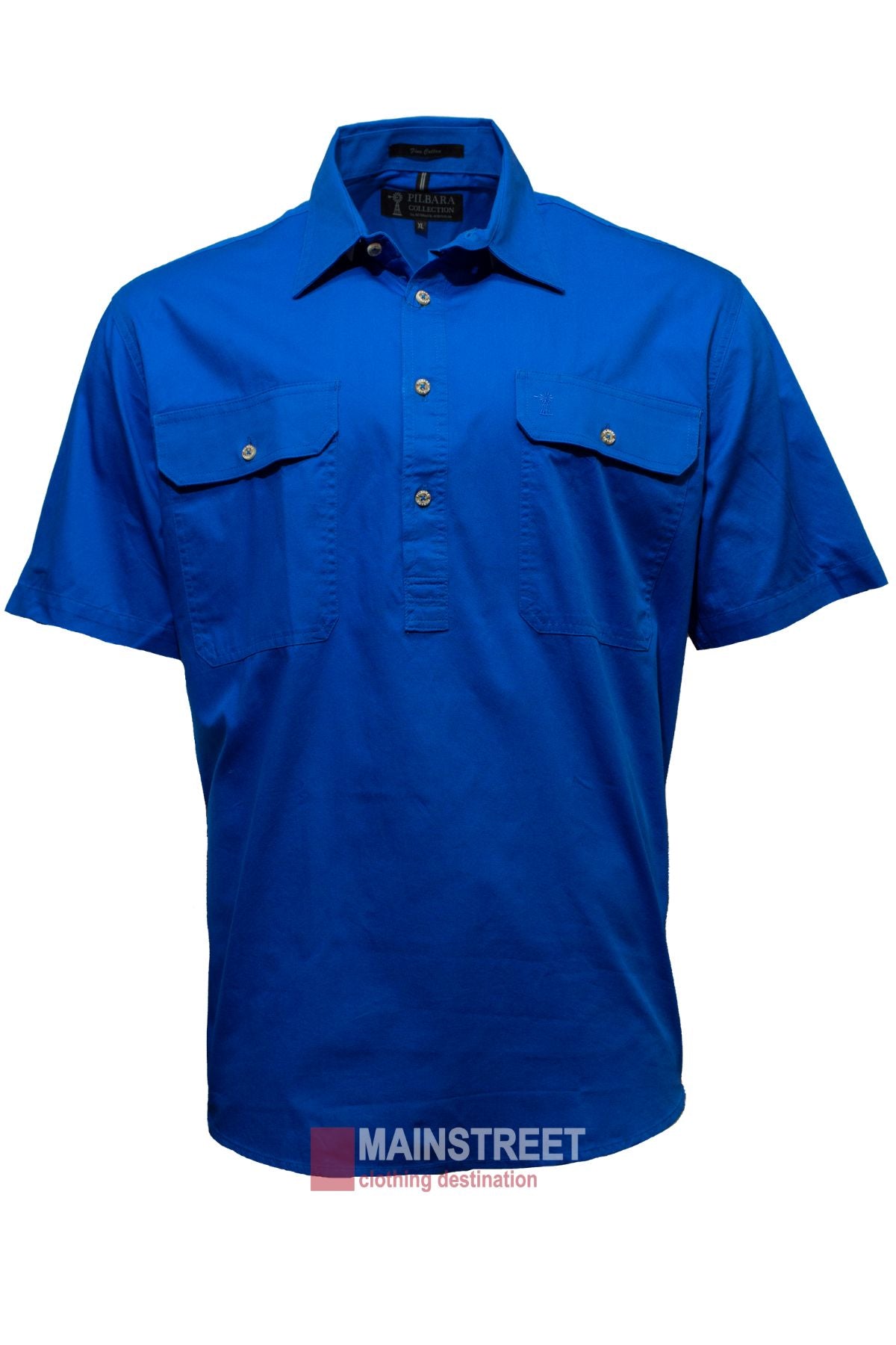 The Pilbara Short Sleeve Closed Front men's work shirt in bright blue cotton features two chest pockets and a collar, displayed on a plain white background with the Mainstreet Clothing Destination logo at the bottom.