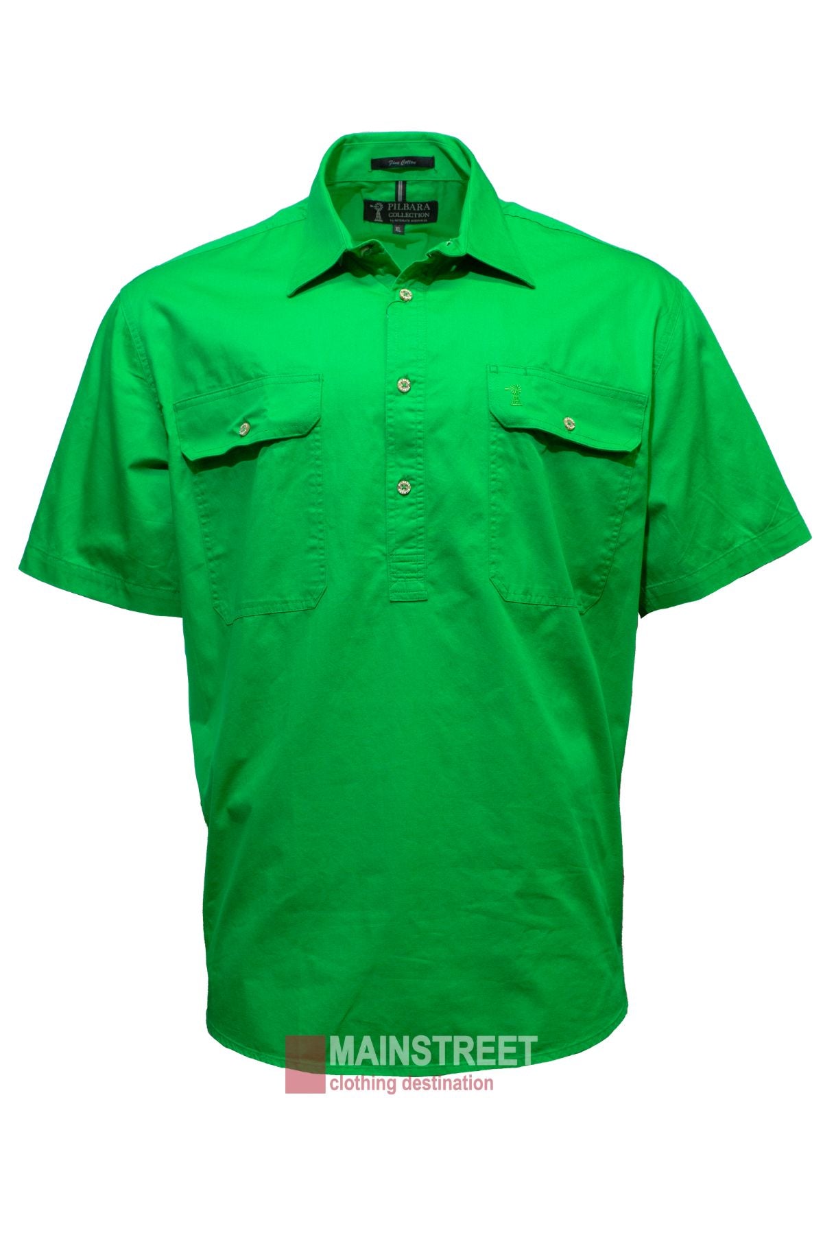 Bright green Pilbara Short Sleeve Closed Front men's work shirt, made from 100% cotton, with short sleeves and two front chest pockets. Displayed on a white background with the "MAINSTREET clothing destination" logo at the bottom.