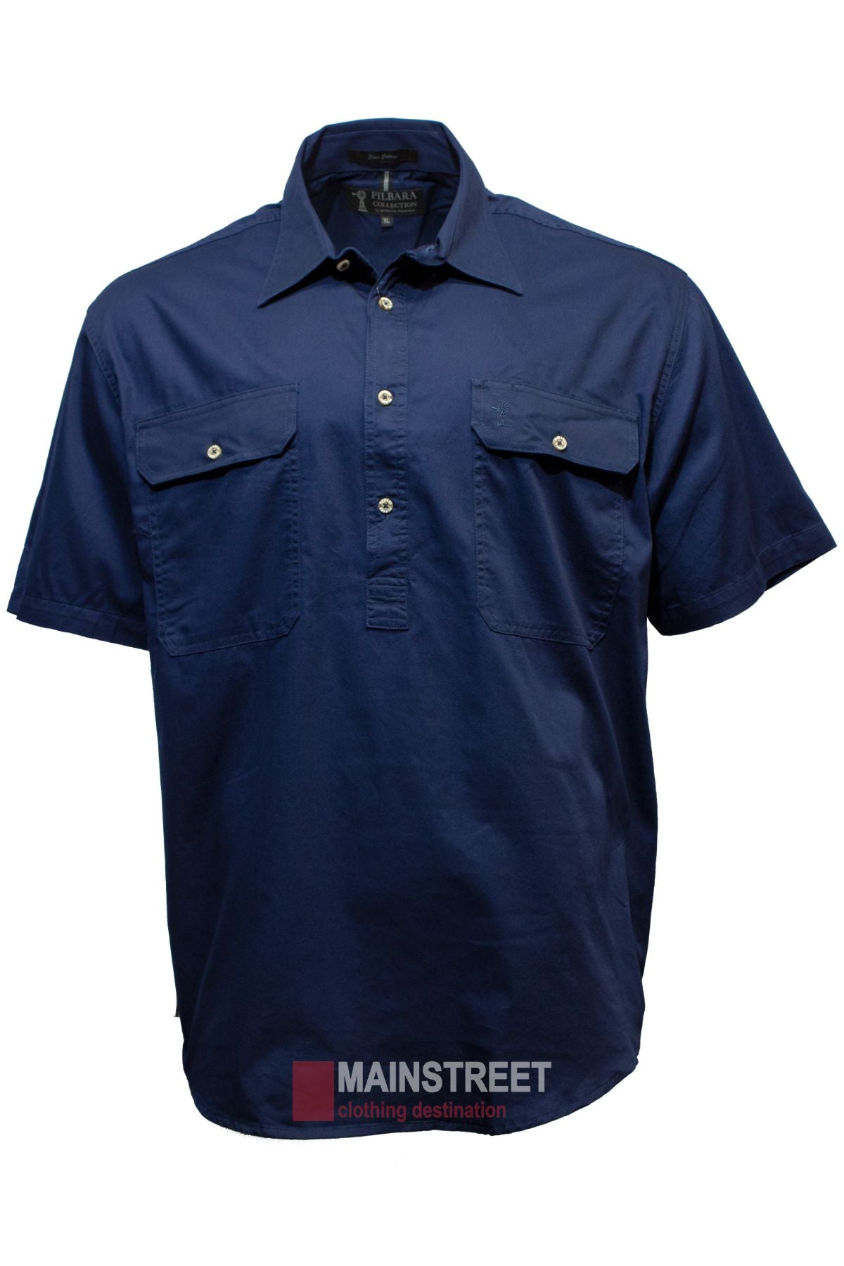 The Pilbara Short Sleeve Closed Front men's work shirt in navy blue, made from 100% cotton with two buttoned chest pockets, is shown on a white background. The MAINSTREET logo appears at the bottom of the image.
