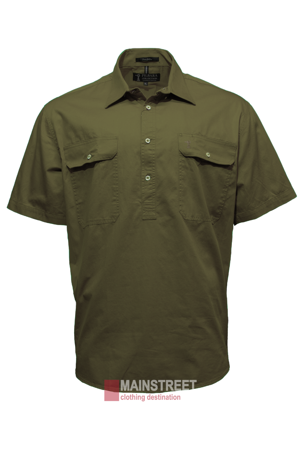 The Pilbara Short Sleeve Closed Front is an olive green men's shirt featuring a collar, partial button-up front, and two chest pockets. Designed for comfort with UPF 50+ sun protection, it also showcases the Mainstreet Clothing logo at the bottom.