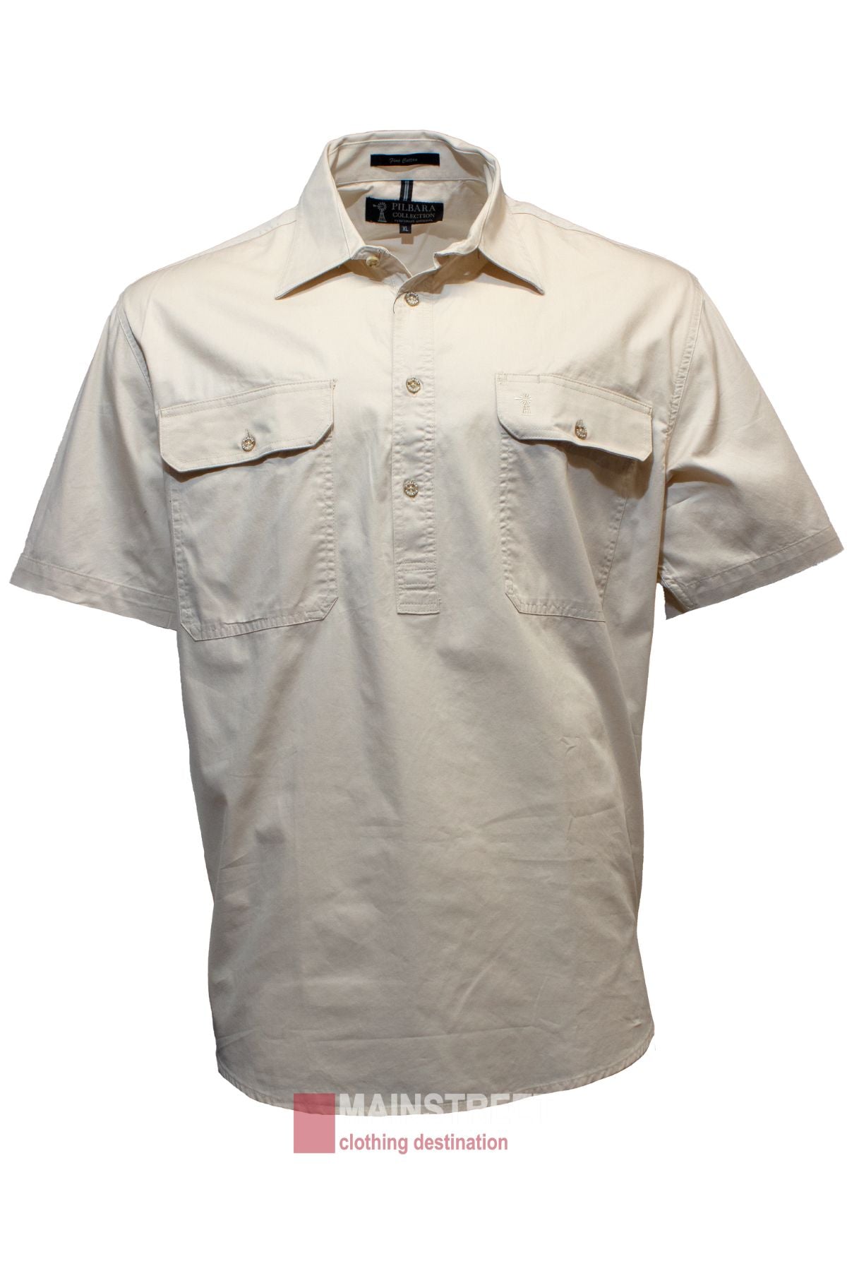 The Pilbara Short Sleeve Closed Front is a beige men's work shirt with short sleeves, two chest pockets, and a collar. Designed for comfort with a UPF 50+ rating for excellent sun protection, it is elegantly showcased on a white background.