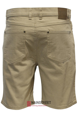 The image shows a pair of Pilbara Cotton Stretch Jean Shorts in beige, classic fit from the back. They feature two back pockets with rivets near the top corners and detailed stitching. A leather patch with branding is visible on the upper right side of the waistband, and the "Mainstreet" logo is at the bottom. Perfect for a country man.