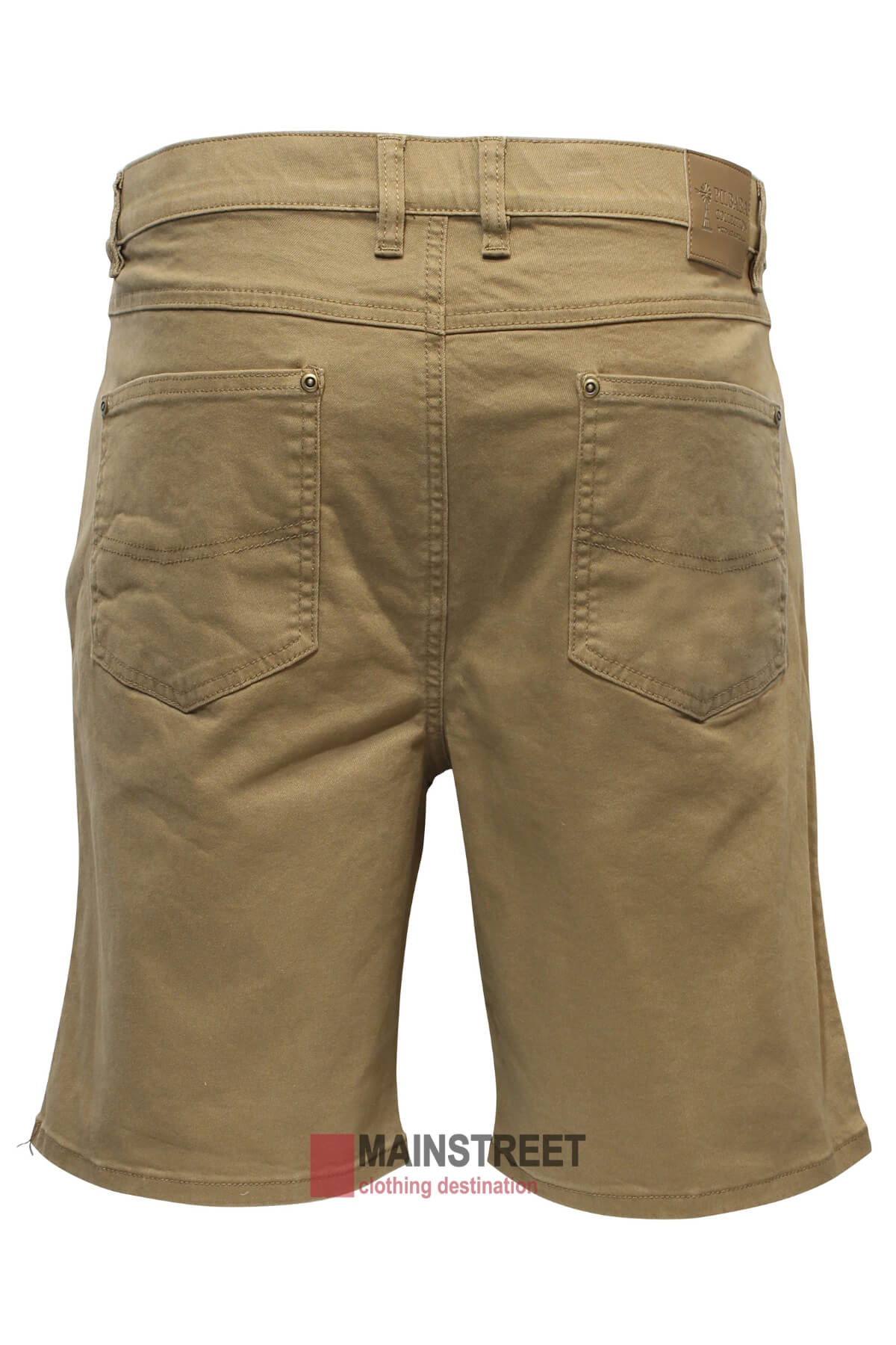Rear view of the khaki-colored Pilbara Cotton Stretch Jean Short with two back pockets and belt loops. Above the right pocket, there's a branded leather patch. The hem is slightly frayed. The "MAINSTREET" logo and tagline "clothing destination" are placed beneath this classic fit short.