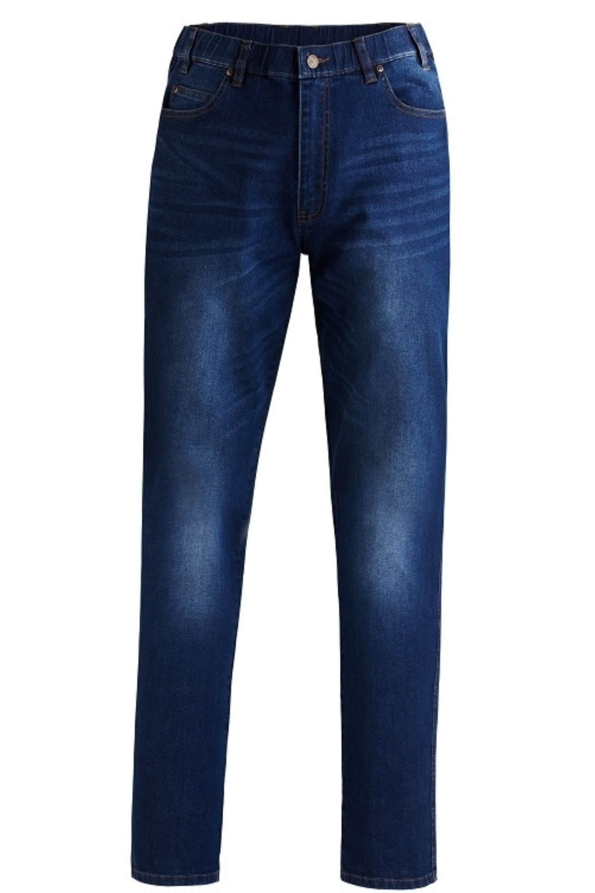The Ritemate Pilbara Distress Denim Jean is a pair of dark blue, comfortable jeans with a button and zipper fly, belt loops, and five pockets. Made from Cotton/Elastane, these stylish jeans feature a slight fade on the thighs and knees, giving them a worn-in look.