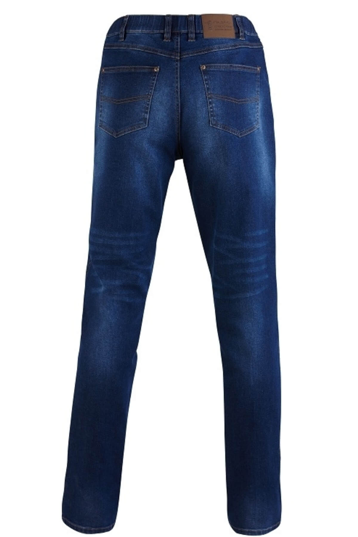 The Ritemate Pilbara Distress Denim Jean is presented from the back, highlighting its straight-leg cut design. These fashionable jeans feature two pockets on the rear, slight fading and creasing around the thighs and knees, and a brown leather patch at the waist bearing brand details. Crafted from Cotton/Elastane for enhanced comfort.