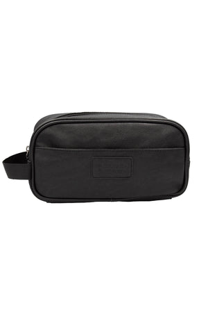 The Pilbara Leather Toiletry Bag is a sleek black rectangular toiletry bag with a zippered closure at the top. Part of the Pilbara Collection, it features a side handle and a logo patch on the front. Its smooth, faux leather-like texture gives it an elegant touch.