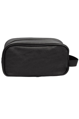 The Pilbara Leather Toiletry Bag from the Pilbara Collection boasts a sleek black rectangular design with a zipper closure on top. Featuring a side handle for easy carrying, this leather toiletry bag offers a smooth, minimalist appearance that seamlessly blends sophistication and practicality.