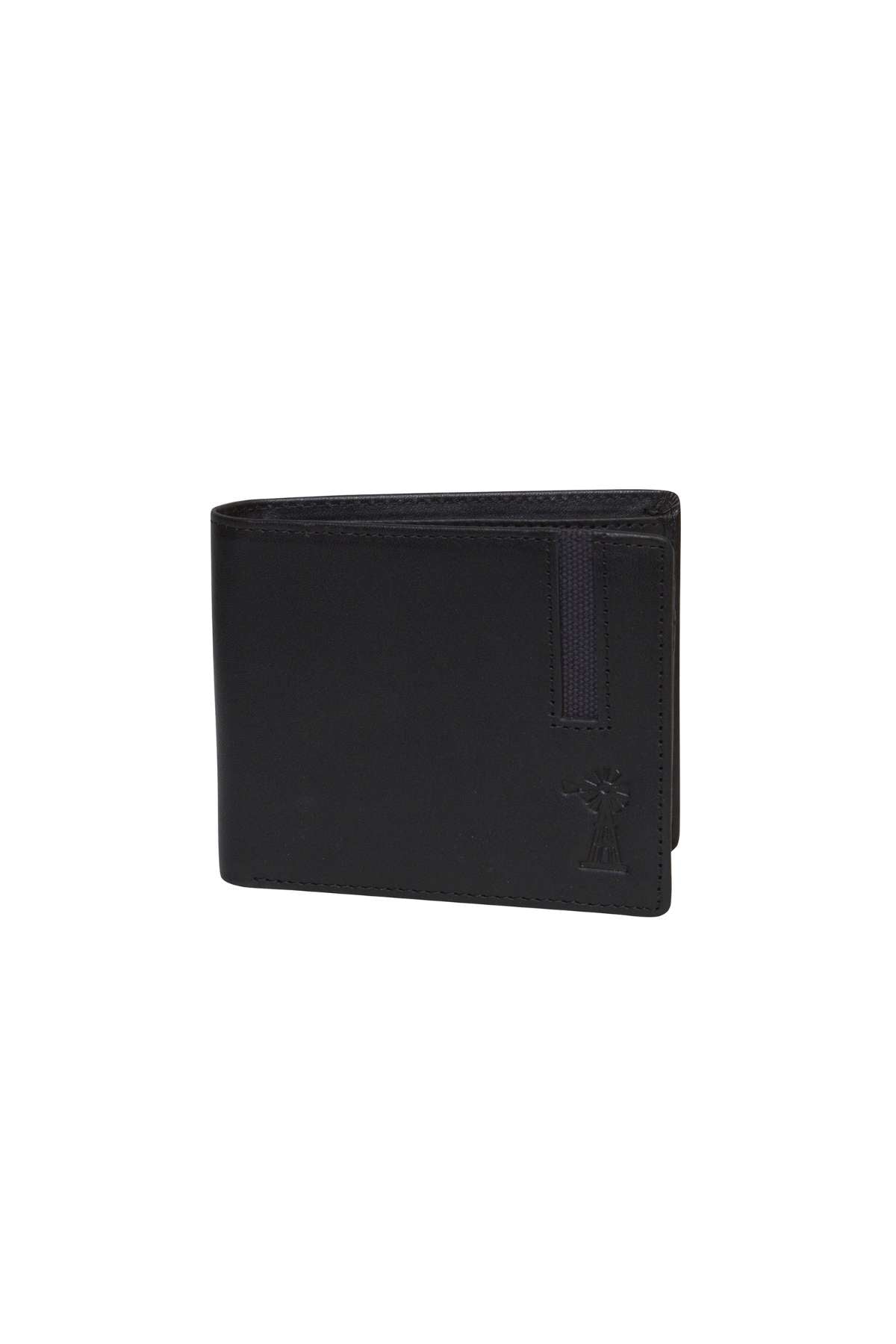 The Pilbara Leather Wallet is an elegant and sophisticated accessory made from high-quality leather, showcasing a sleek black bifold design. It features a subtle embossed logo of a standing figure on the bottom right corner, with visible stitch detailing along the edges that enhance its minimalist aesthetic.