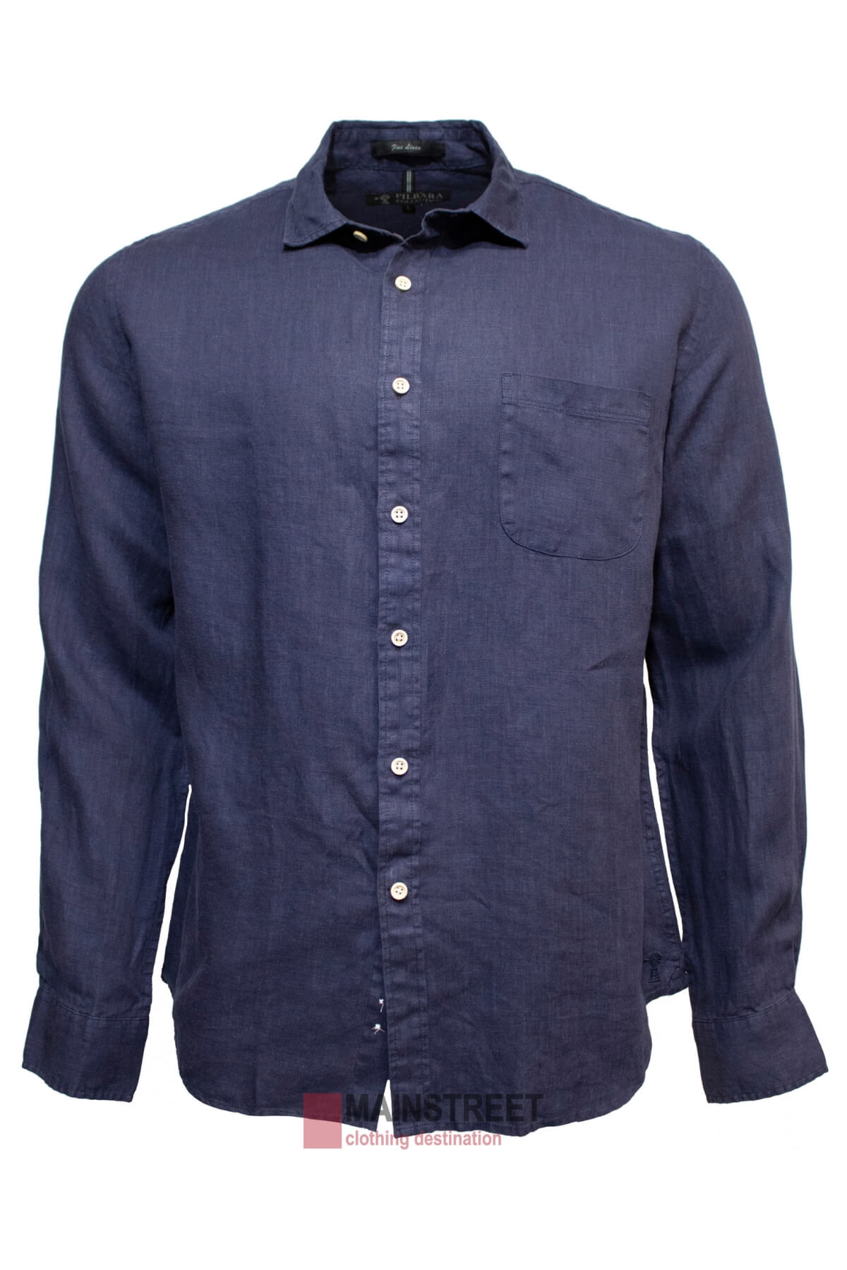The Pilbara Linen Shirt in navy blue features long sleeves, a classic collar, and a single chest pocket. Made from 100% linen for a comfortable, regular fit, it's displayed elegantly on a plain white background.