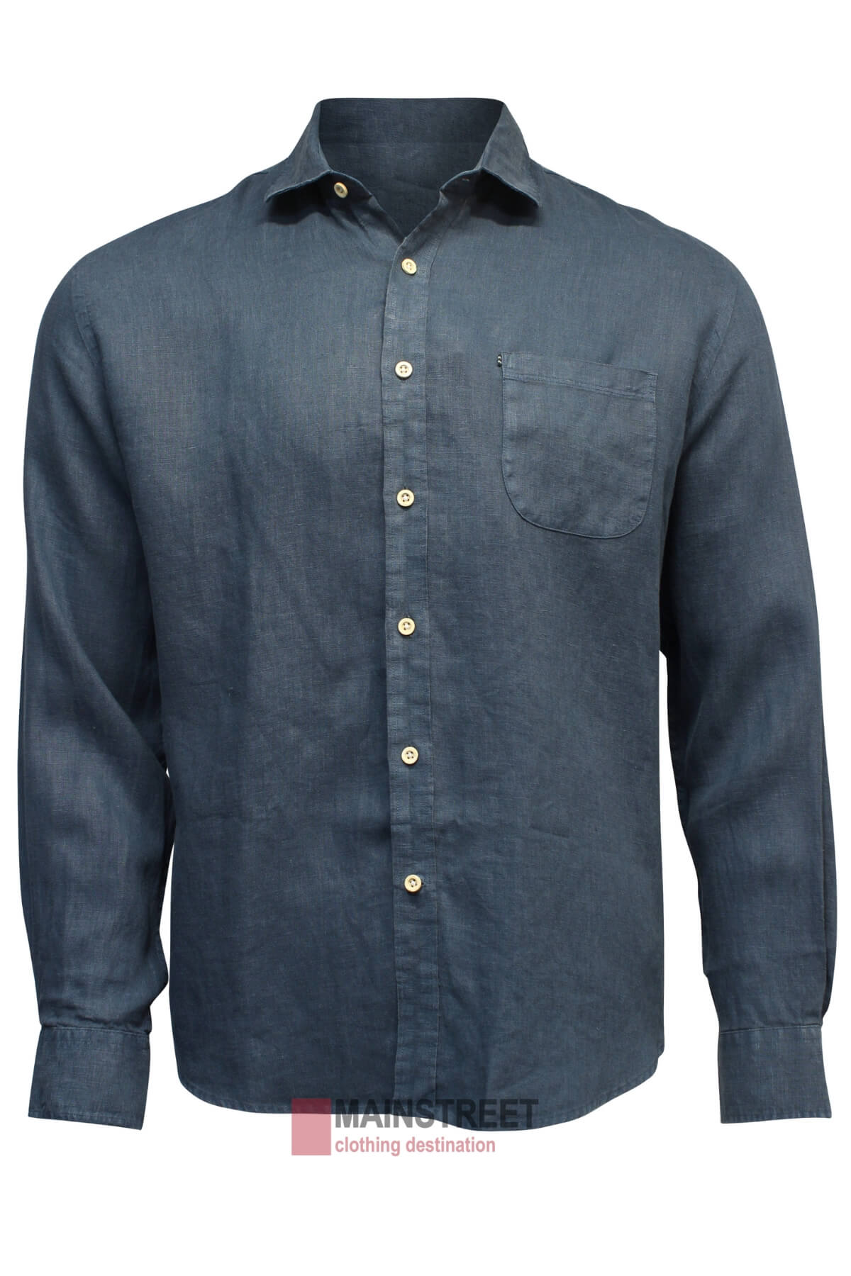 The Pilbara Linen Shirt, a long-sleeved dark blue casual piece with buttoned cuffs and a front pocket, features 100% textured linen and light-colored buttons. Displayed on a mannequin, it combines style and comfort effortlessly.