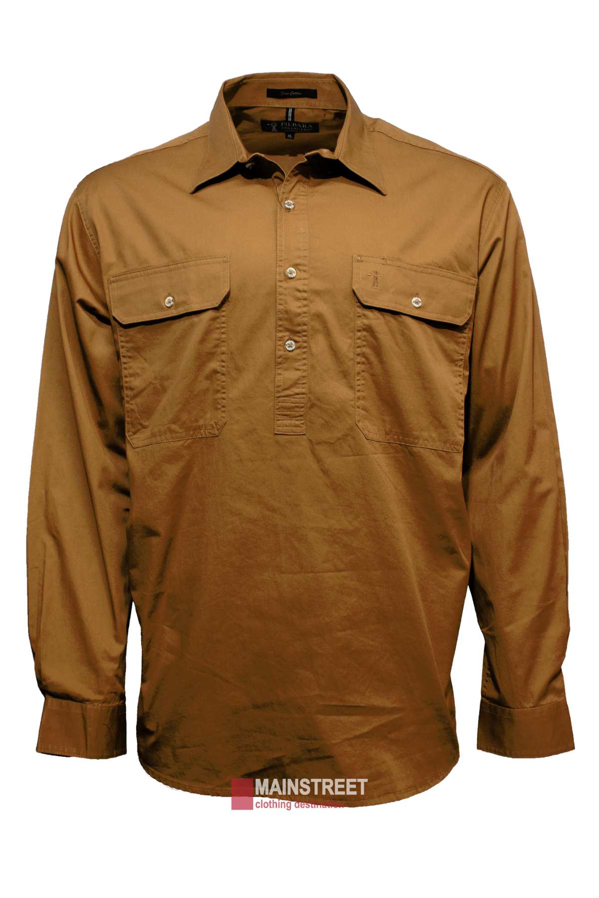 The Ritemate Pilbara Long Sleeve Closed Front Shirt is a men's work shirt in brown, featuring long sleeves and a button-up design with two front chest pockets. Made from 100% cotton, it includes buttoned cuffs and a collar. The label at the bottom reads "MAINSTREET." Additionally, this shirt offers UPF 50+ protection for added safety.