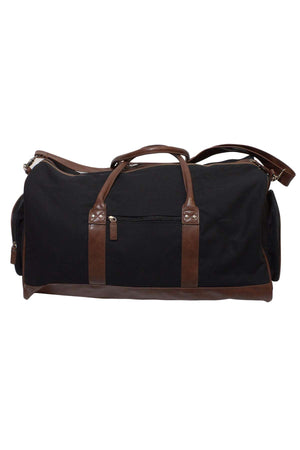The Pilbara Long Weekender Bag by Ritemate is a black duffel with brown leather straps and trim. Perfect for weekend getaways, it boasts the finest quality canvas and leather construction, a zippered front pocket, two handles, and a detachable shoulder strap.