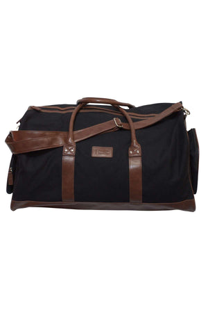 The Pilbara Long Weekender Bag is a black duffel accented with brown leather handles, straps, and bottom corners. Constructed from premium canvas and genuine leather, it includes a shoulder strap and a small rectangular patch on the front. With its sleek design and practical features, it's ideal for weekend trips or everyday use.