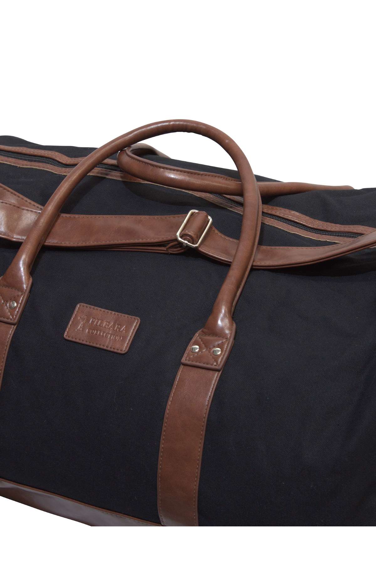 The Pilbara Long Weekender Bag by Ritemate is a black duffel crafted from the finest quality canvas and leather. It boasts brown leather handles, trim, and a name tag with text. A rectangular leather patch with embossed text enhances the front, while the main compartment features a zipper closure—making it perfect for weekend getaways.