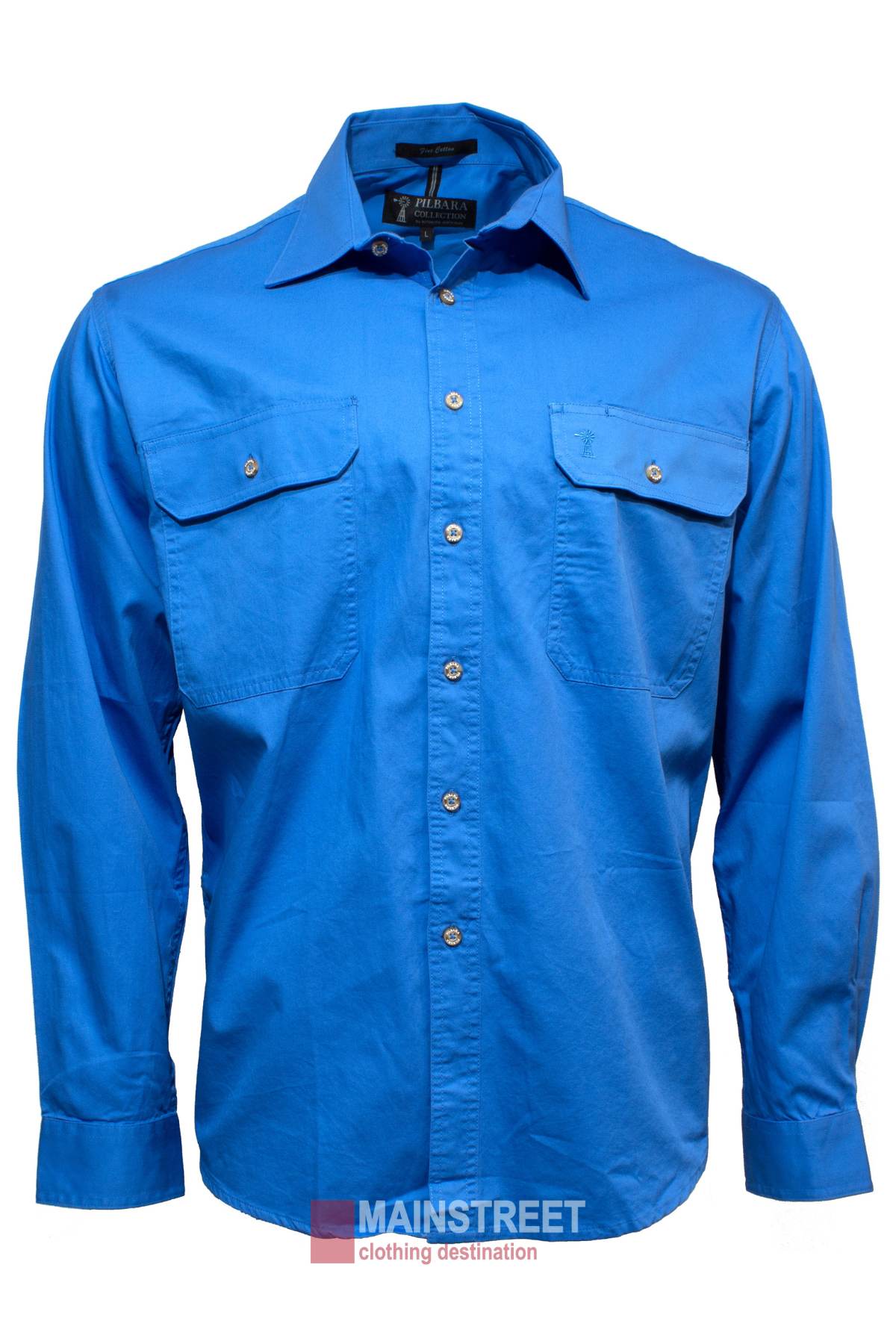 The Pilbara Open Front Shirt is a bright blue men's work shirt made from 100% cotton with UPF 50+ protection, two buttoned chest pockets, shown on a white background featuring the "MAINSTREET clothing destination" logo at the bottom.