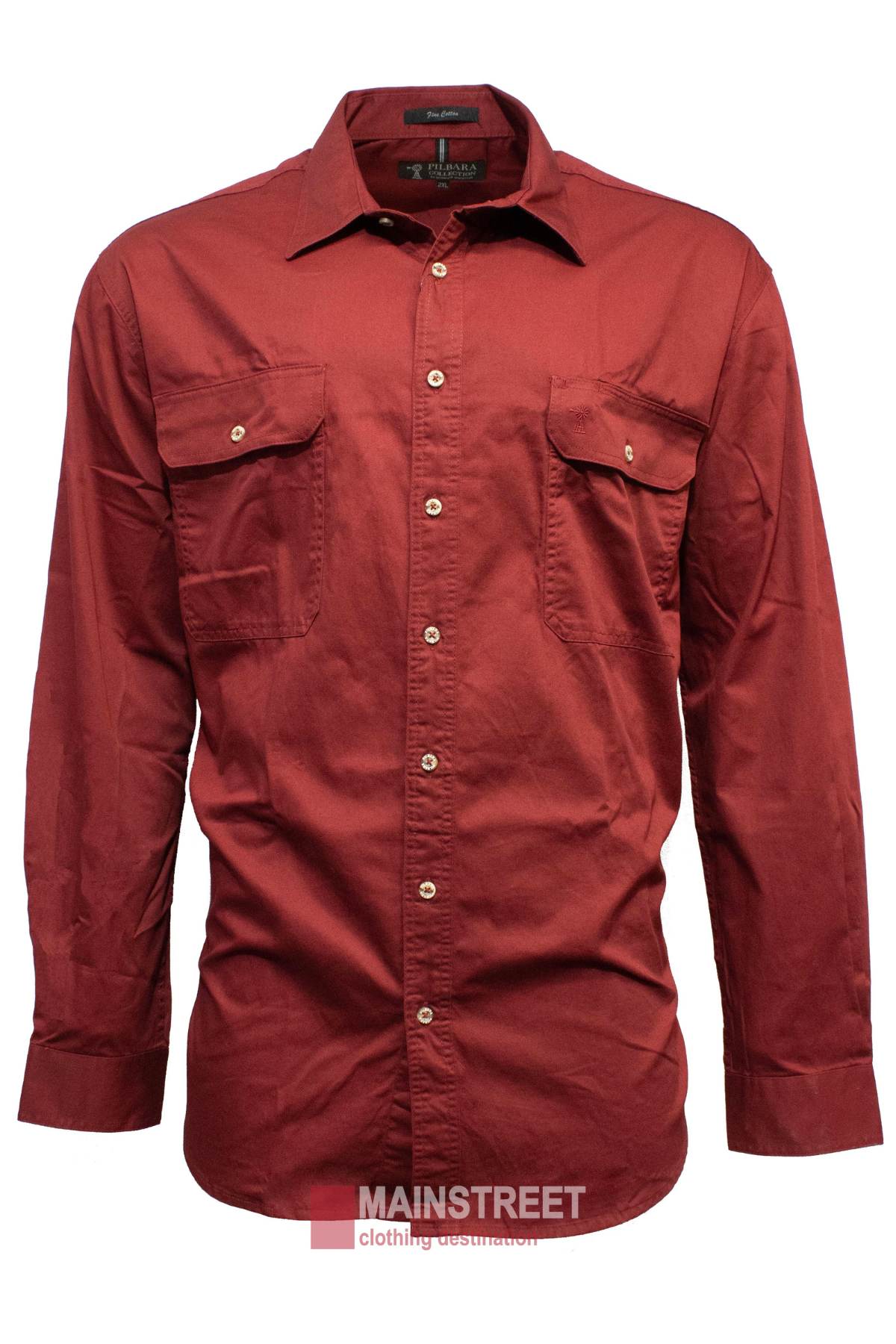 The Pilbara Open Front Shirt is a men’s maroon, long-sleeved, 100% cotton work shirt with two chest pockets, a classic collar, and buttoned cuffs, shown on a plain white background.