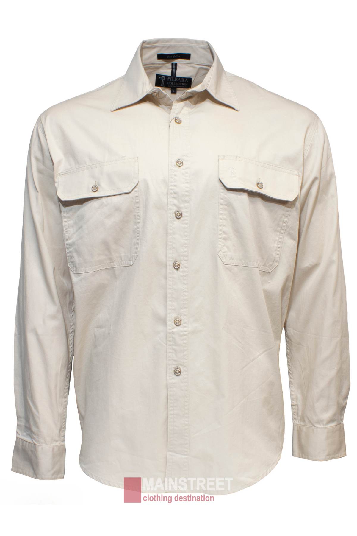 The Pilbara Open Front Shirt, presented on a white background, is a beige men's work shirt crafted from 100% cotton. It offers long sleeves and two chest pockets with buttoned flaps. With UPF 50+ protection, it’s ideal for outdoor activities or job-site wear.
