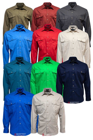 A display of eleven Ritemate Pilbara Open Front Shirts for men in various solid colors including olive green, burgundy, dark gray, light blue, red, white, teal, dark blue, royal blue, gray, and light gray. Each comfortable long-sleeve shirt features a collar, front pockets, buttoned cuffs and boasts a UPF rating of 50+.