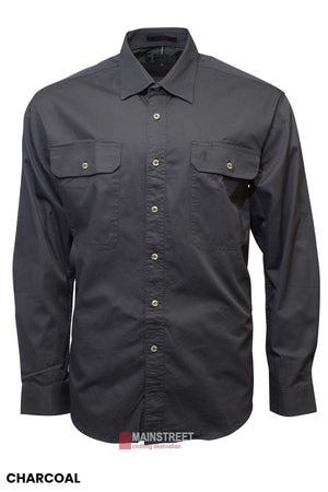 The Ritemate Pilbara Open Front Shirt is a charcoal-colored, long-sleeve men's work shirt with two chest pockets, each secured by a button. It includes a classic collar and a visible button placket. With a UPF rating of 50+ for sun protection, the "Mainstreet" logo and the word "CHARCOAL" are subtly displayed at the bottom for added style.