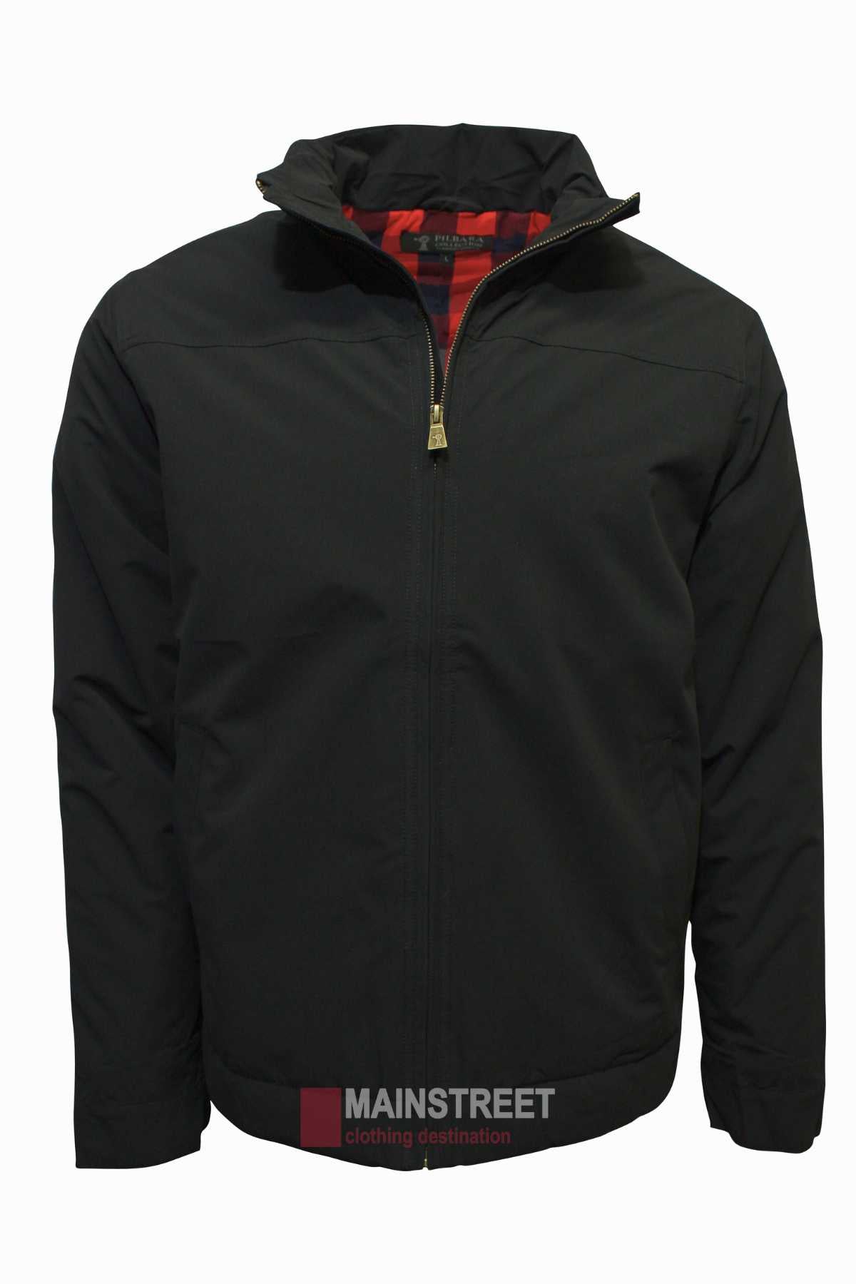 A black Ritemate Pilbara Quilted Jacket with a stand-up collar, partially unzipped to reveal a red and black checkered inner lining. This hard-wearing jacket boasts a smooth fabric finish, featuring the "Mainstreet" logo at the bottom alongside the tagline "clothing destination.