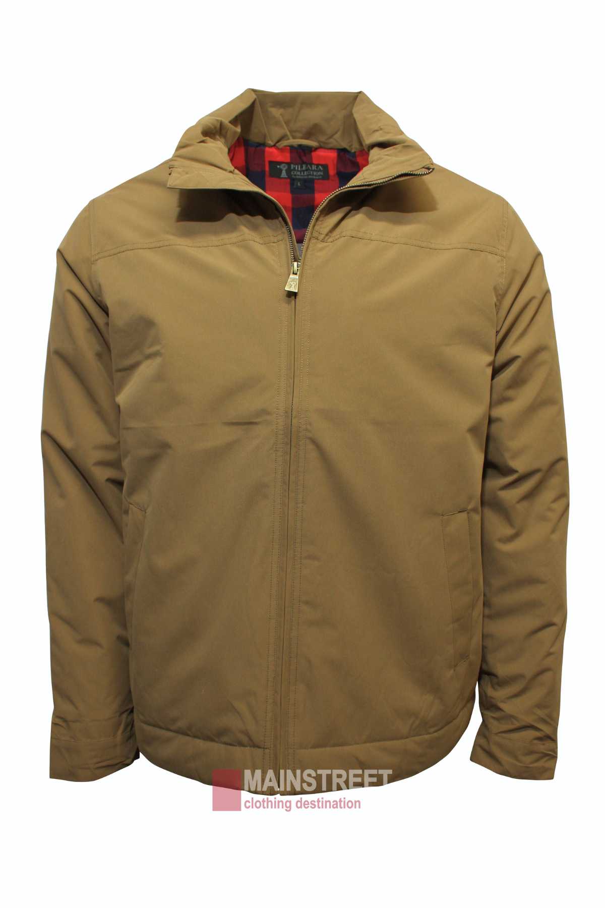 The Ritemate Pilbara Quilted Jacket is a brown men's zip-up jacket with a hood and red and black checkered lining, shown on a white background with the "MAINSTREET clothing destination" logo at the bottom center.