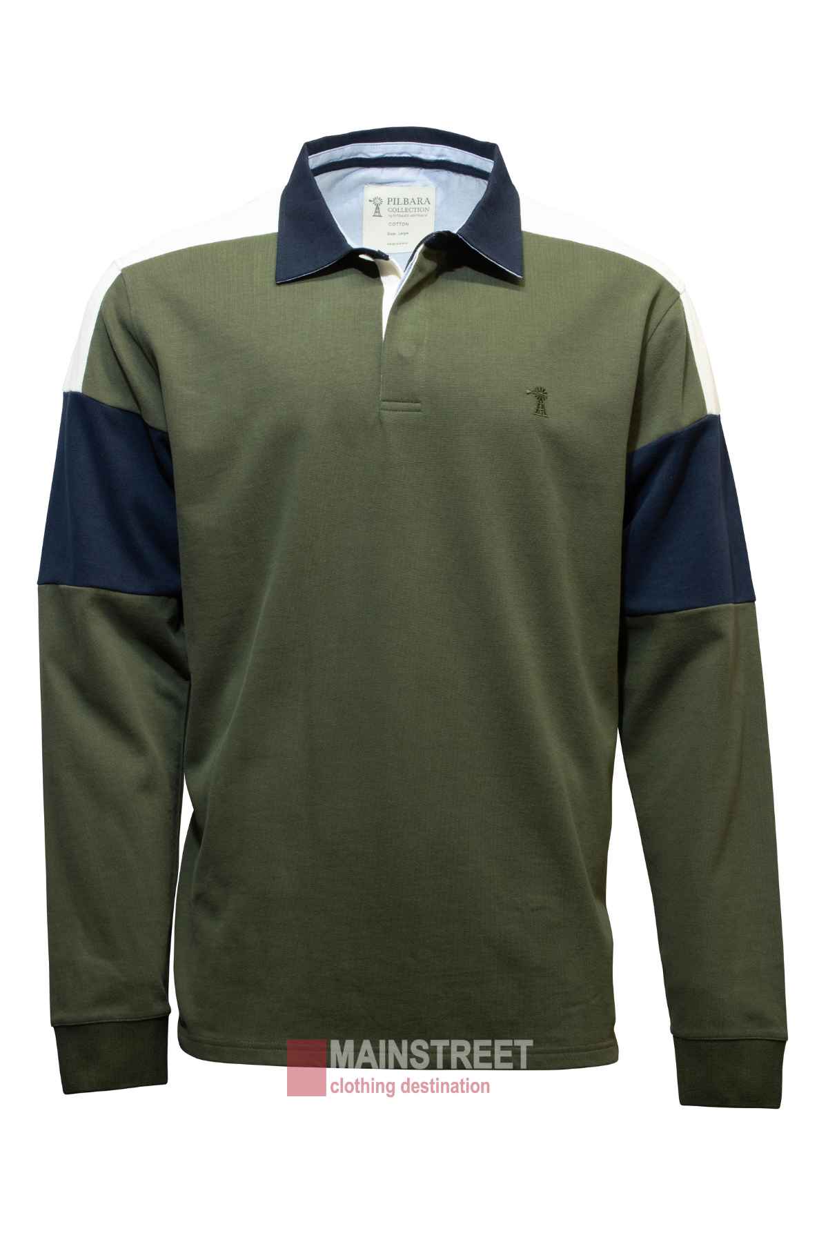 The Ritemate Pilbara Rugby Jersey is a long-sleeved, 100% cotton polo with a green body, navy blue sleeve sections, a navy collar, white shoulder accents, and a small embroidered chest logo—perfect for casual occasions and reminiscent of classic rugby attire.