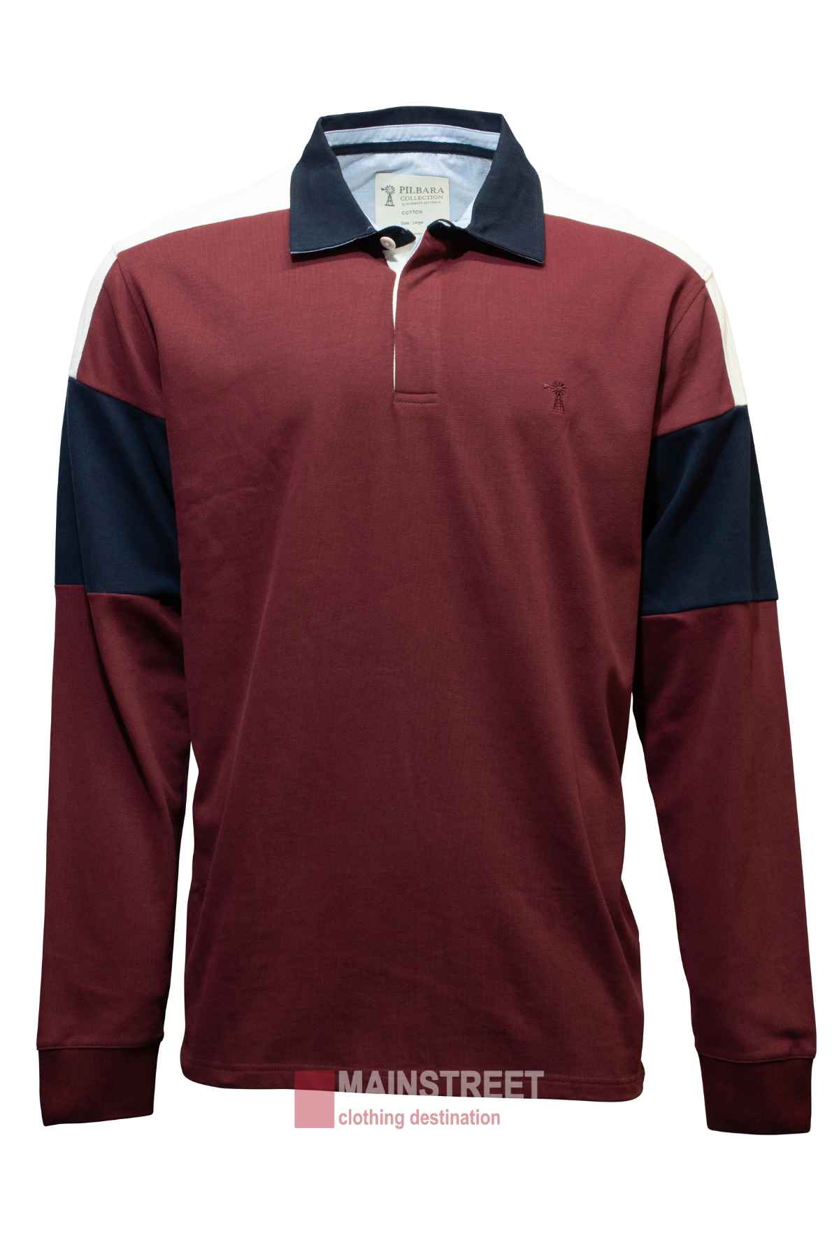 The Ritemate Pilbara Rugby Jersey is a maroon long-sleeve design made from 100% cotton. It boasts black and white color blocking on the shoulders and sleeves, a black collar, and has the small embroidered Ritemate logo on the chest, combining comfort with timeless style.