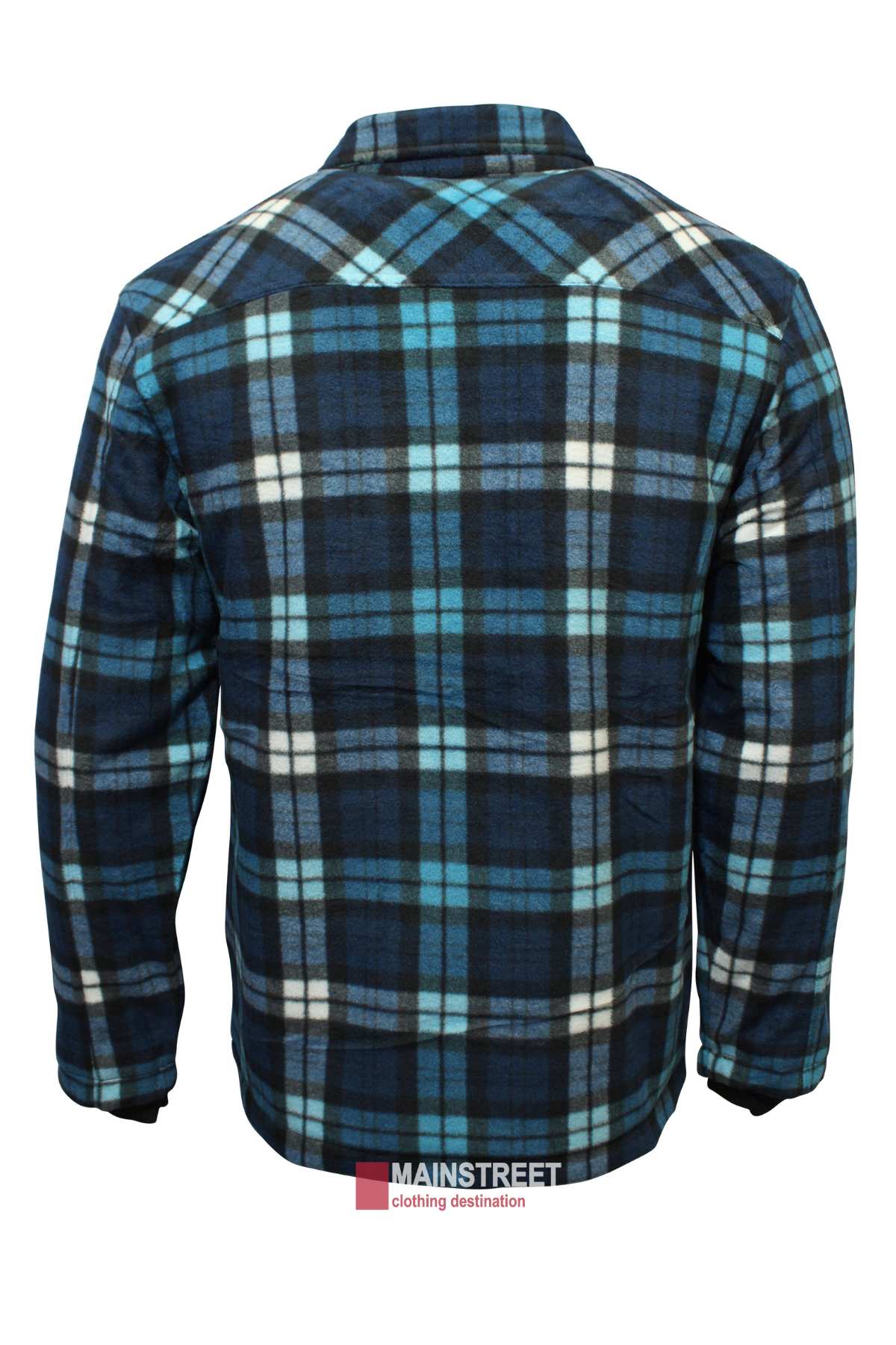 The Ritemate Pilbara Sherpa Lined Check Jacket, in blue and black plaid with white and turquoise, is displayed on a plain background. It features chest pockets, a button-up front, and a collar. A "Mainstreet Clothing Destination" label is visible at the bottom.