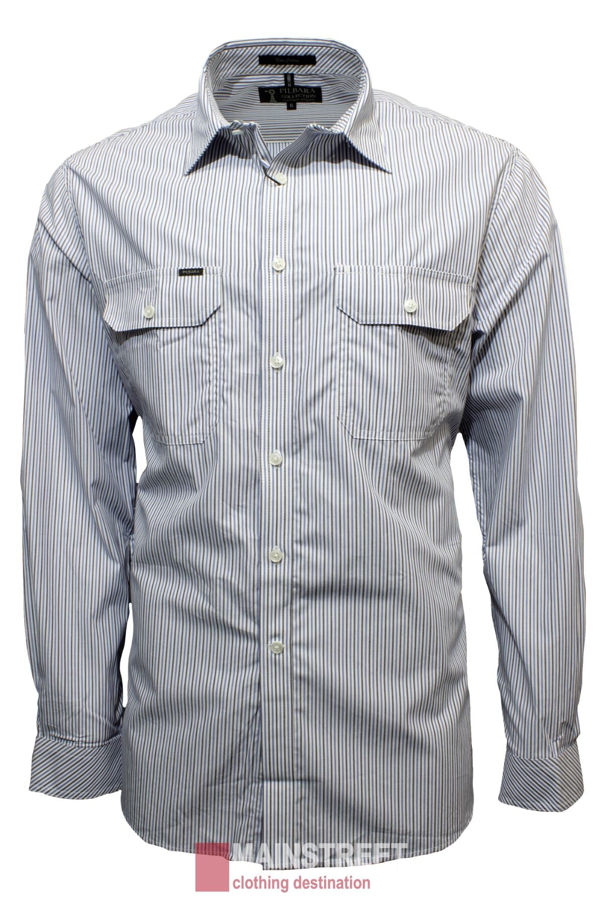 Ritemate Pilbara Stripe Double Pocket Shirt is a long-sleeved, button-down shirt with blue and white vertical stripes. This 100% cotton shirt features two front chest pockets with buttons and a collar. Displayed against a white background, a clothing destination logo is partially visible at the bottom.