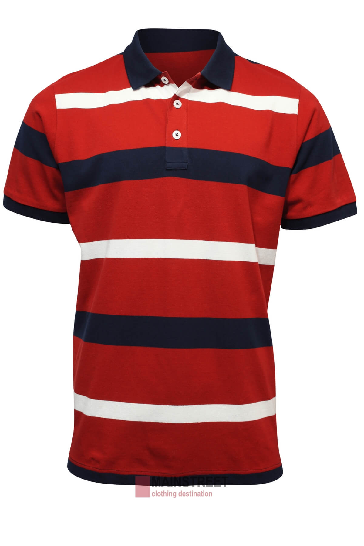 The Pilbara Striped Polo, with a relaxed fit, is red with navy blue and white horizontal stripes. Made from 100% cotton, it boasts short sleeves, a navy collar, and a buttoned placket for classic style and comfort.