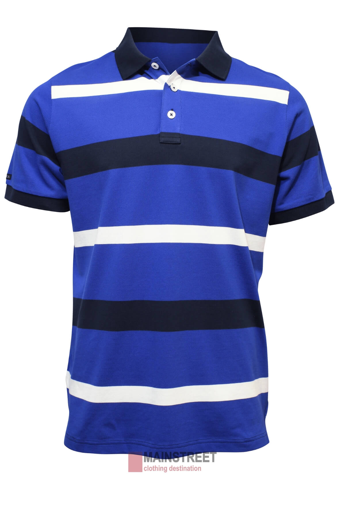 The Ritemate Pilbara Striped Polo is a blue, short-sleeve shirt made from 100% cotton, featuring white and dark navy horizontal stripes with a black two-button collar.