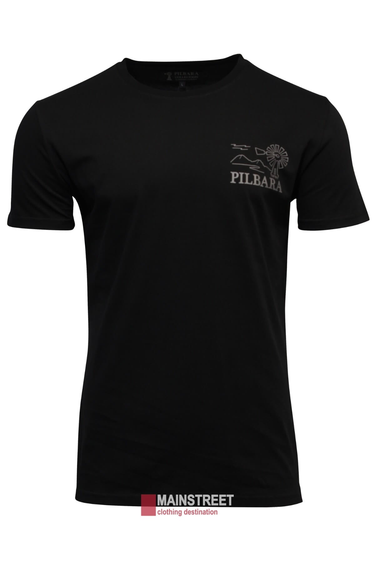 The Ritemate Pilbara T-Shirt, made from breathable cotton, highlights a minimalist design with a small white windmill and plane graphic labeled "PILBARA" on the upper left and features the "MAINSTREET clothing destination" logo in red and black at the bottom.